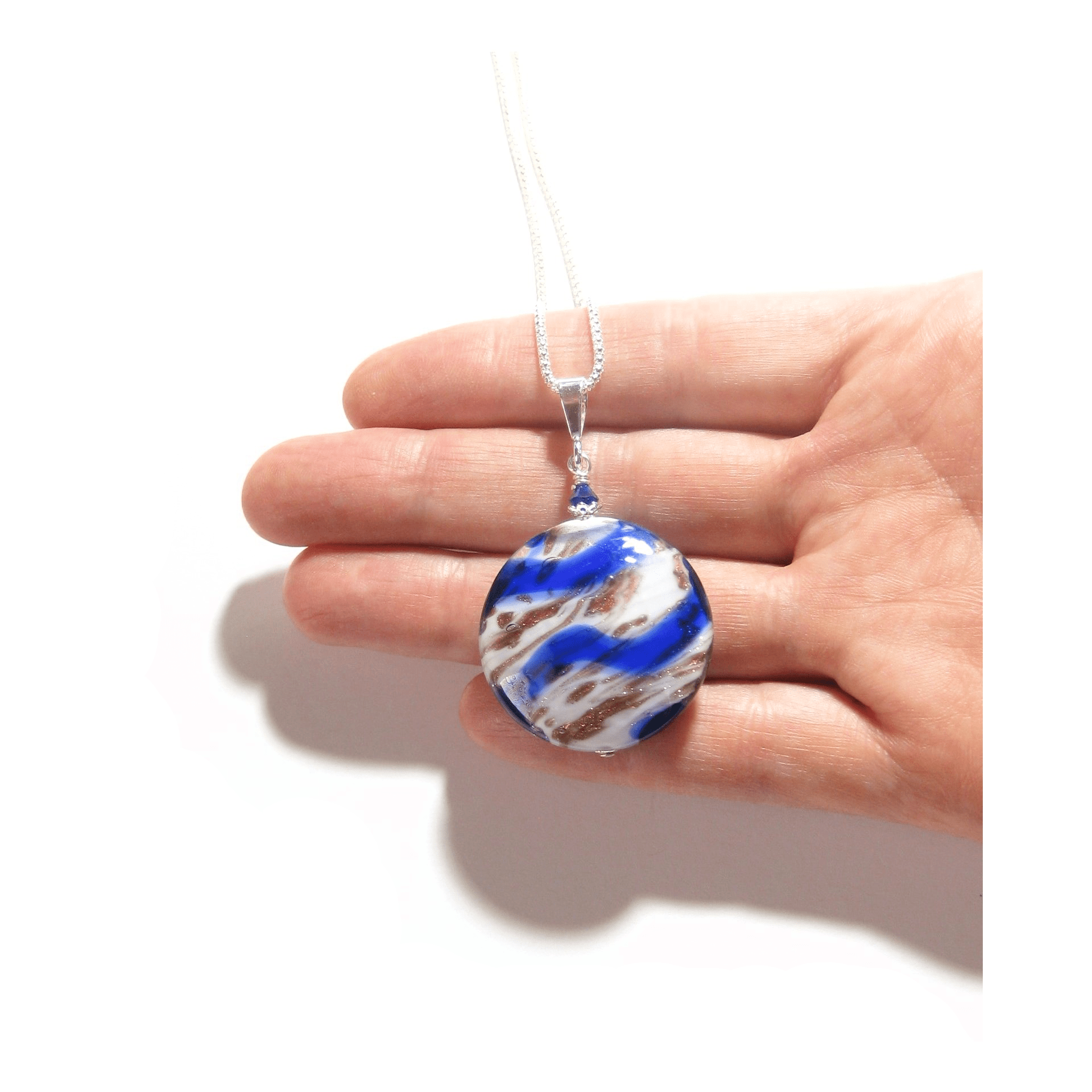 Murano Glass Cobalt Blue White Copper Disc Pendant - JKC Murano