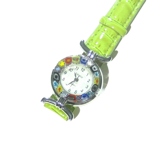 Italian Murano Millefiori Lime Green Leather Band Watch - JKC Murano