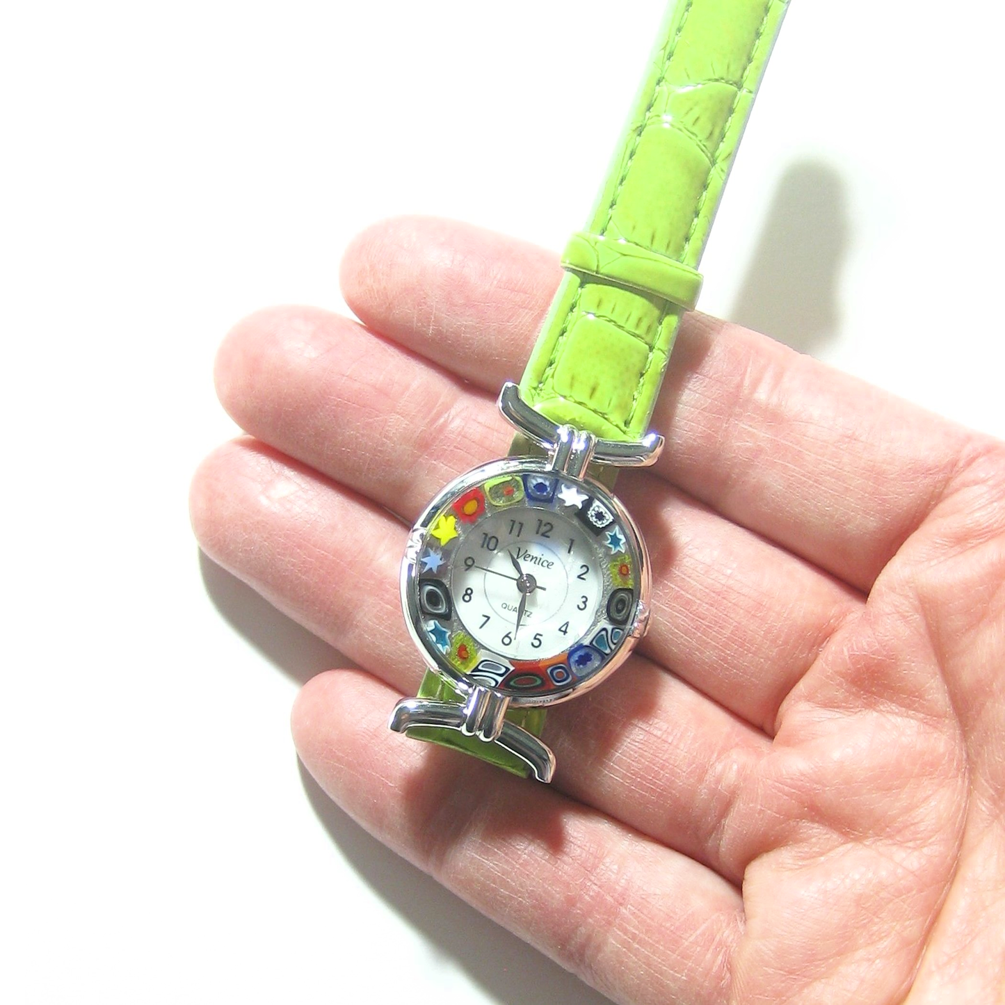 Italian Murano Millefiori Lime Green Leather Band Watch - JKC Murano