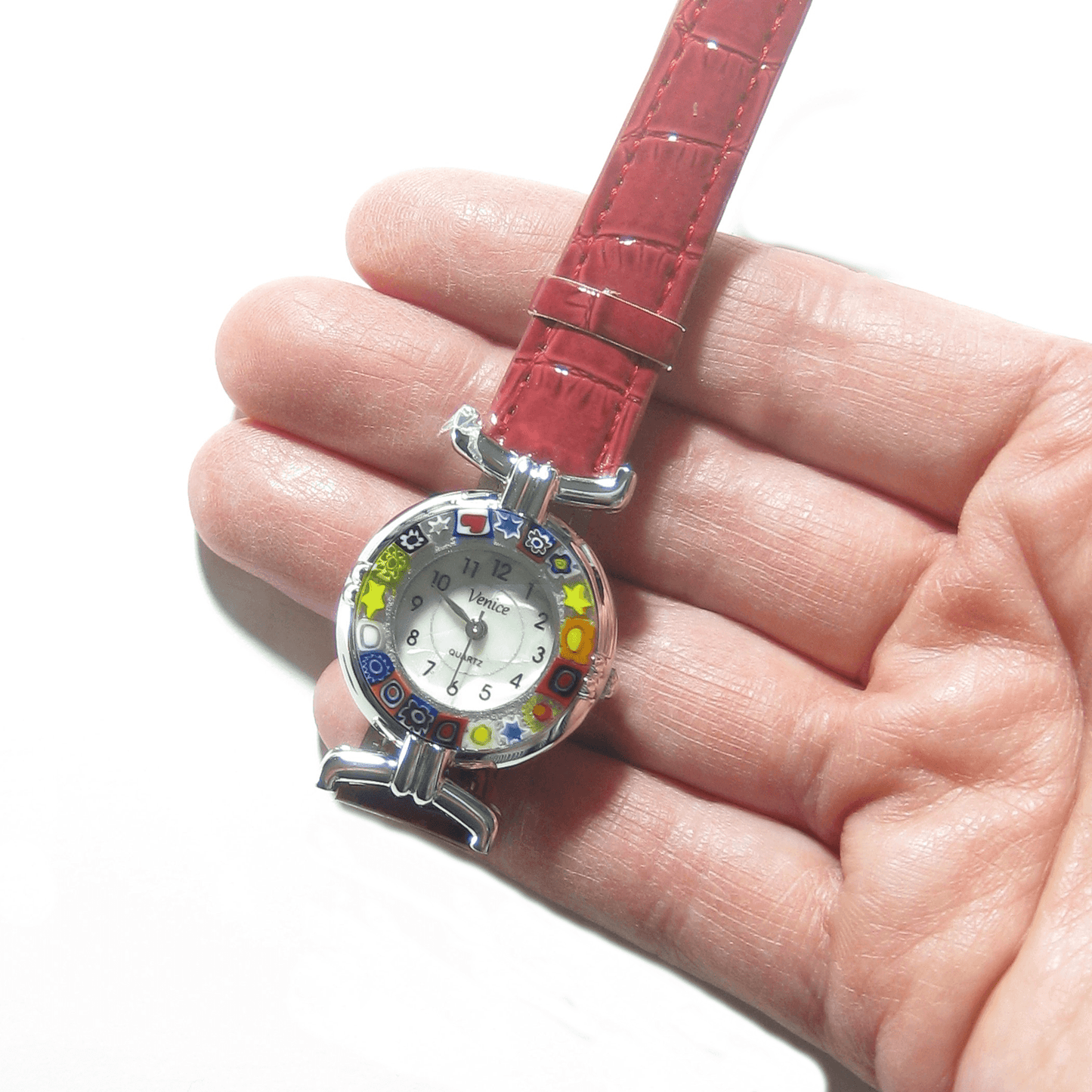 Murano Glass Millefiori Chrome Red Leather Band Watch - JKC Murano