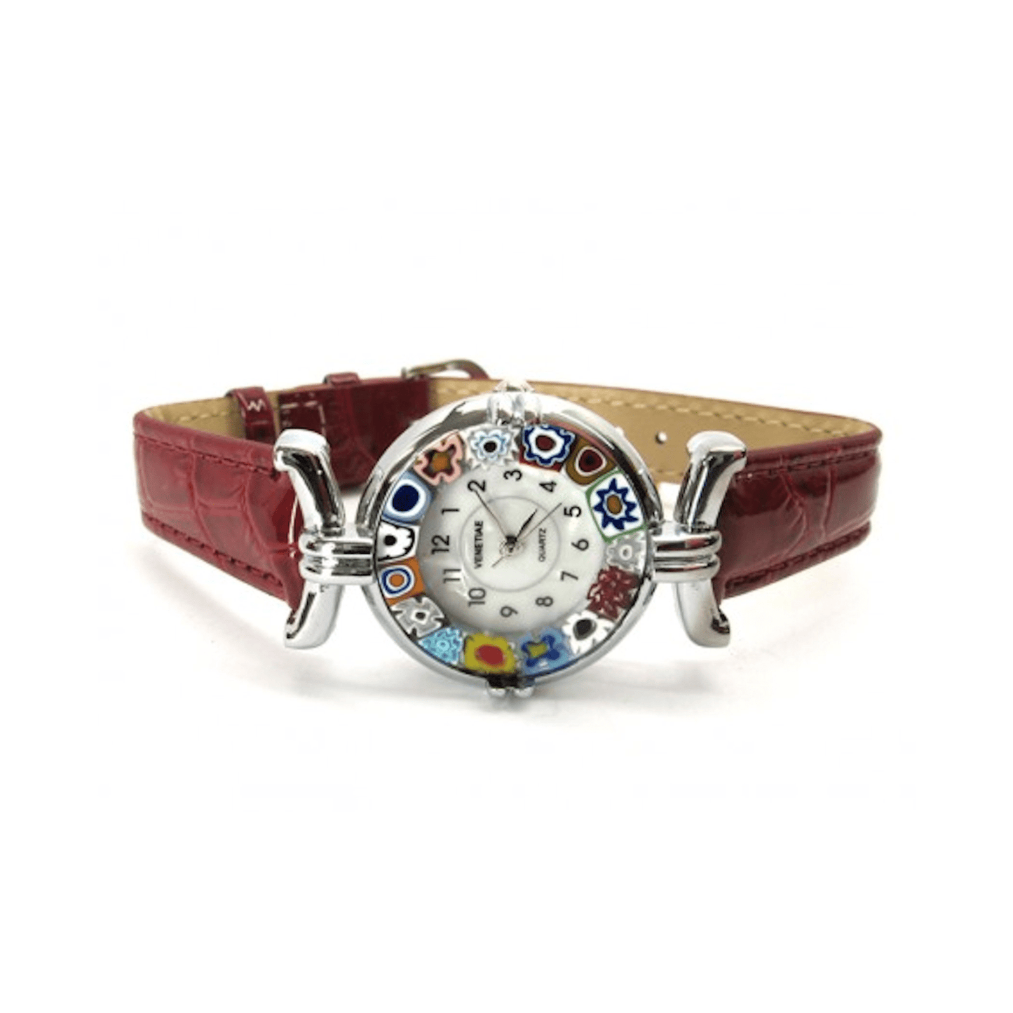 Murano Glass Millefiori Chrome Red Leather Band Watch - JKC Murano