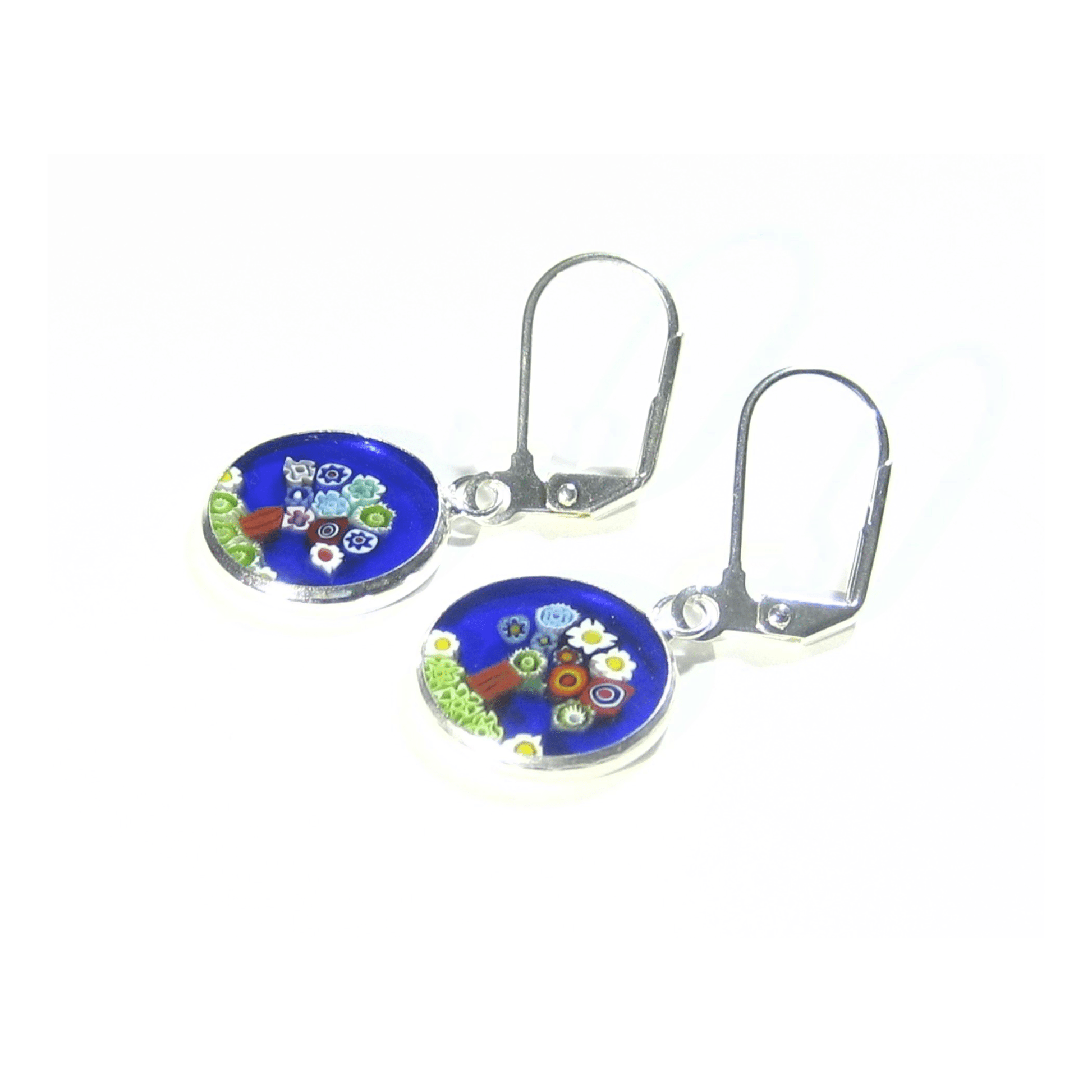 Murano Glass Colorful Tree of Life Blue Disc Sterling Silver Earrings - JKC Murano