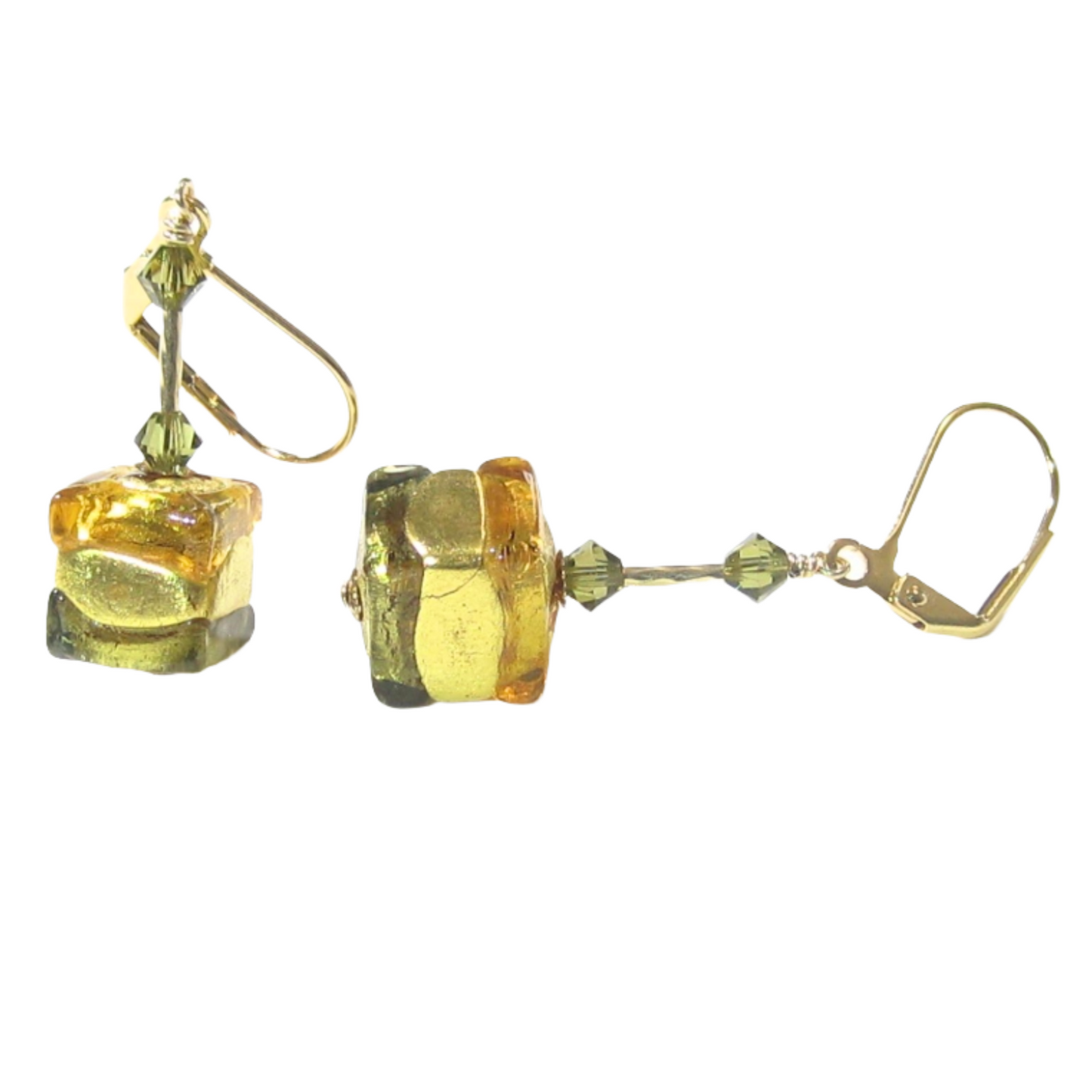 Murano Glass Topaz Olive Green Cube Gold Earrings - JKC Murano