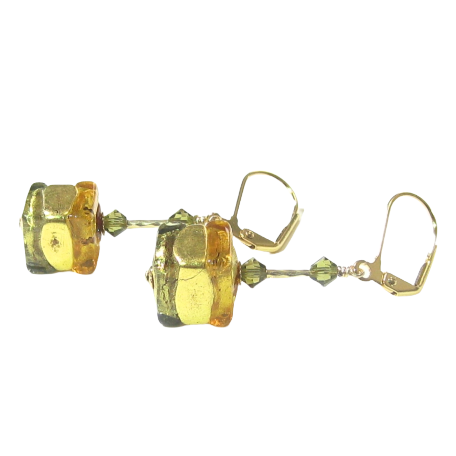 Murano Glass Topaz Olive Green Cube Gold Earrings - JKC Murano