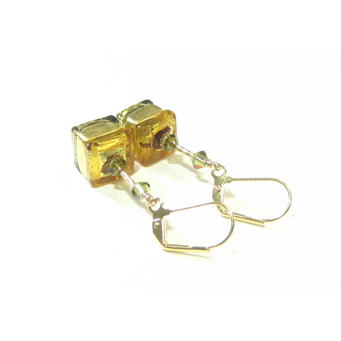 Murano Glass Topaz Olive Green Cube Gold Earrings - JKC Murano