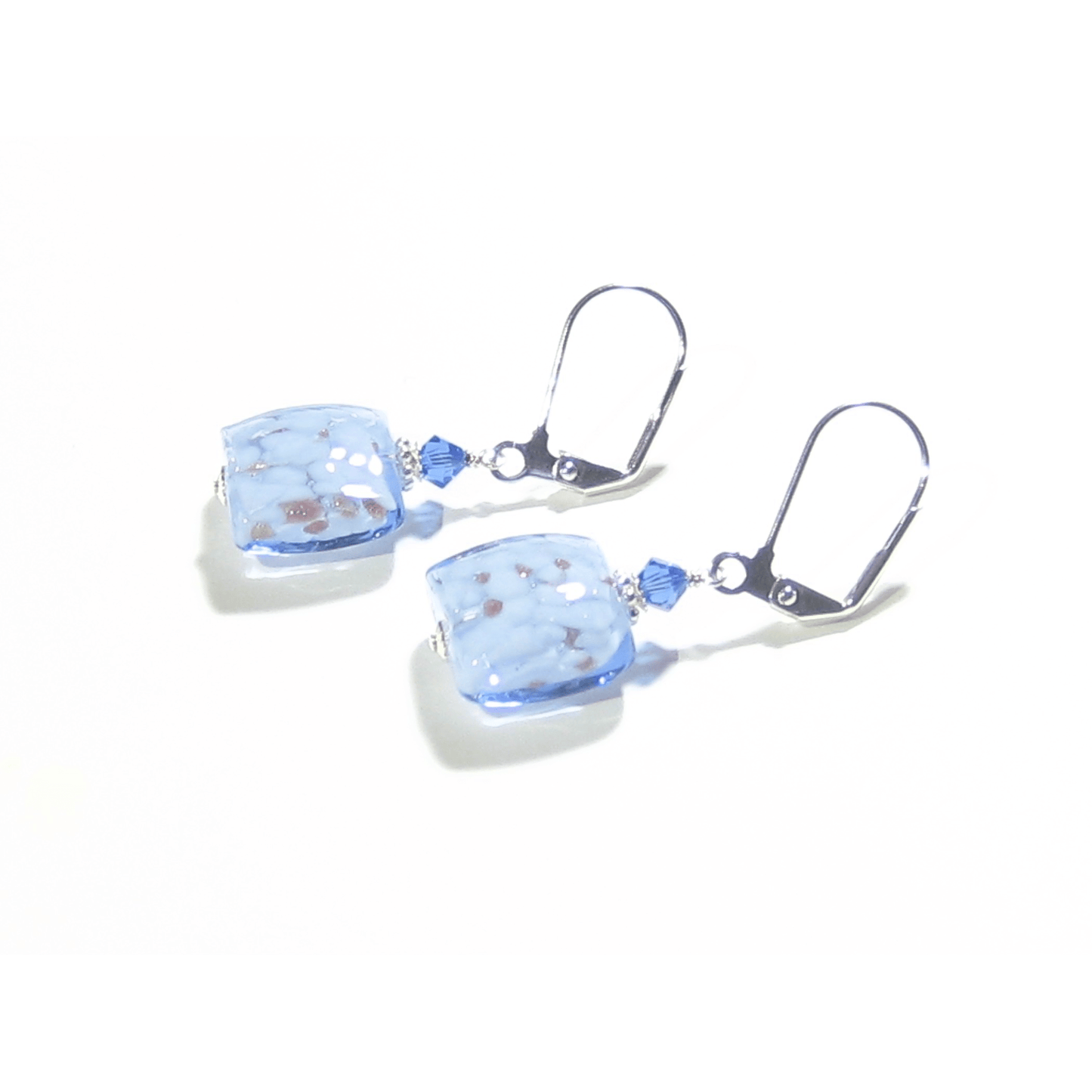 Murano Glass Pale Blue Copper Square Silver Earrings - JKC Murano