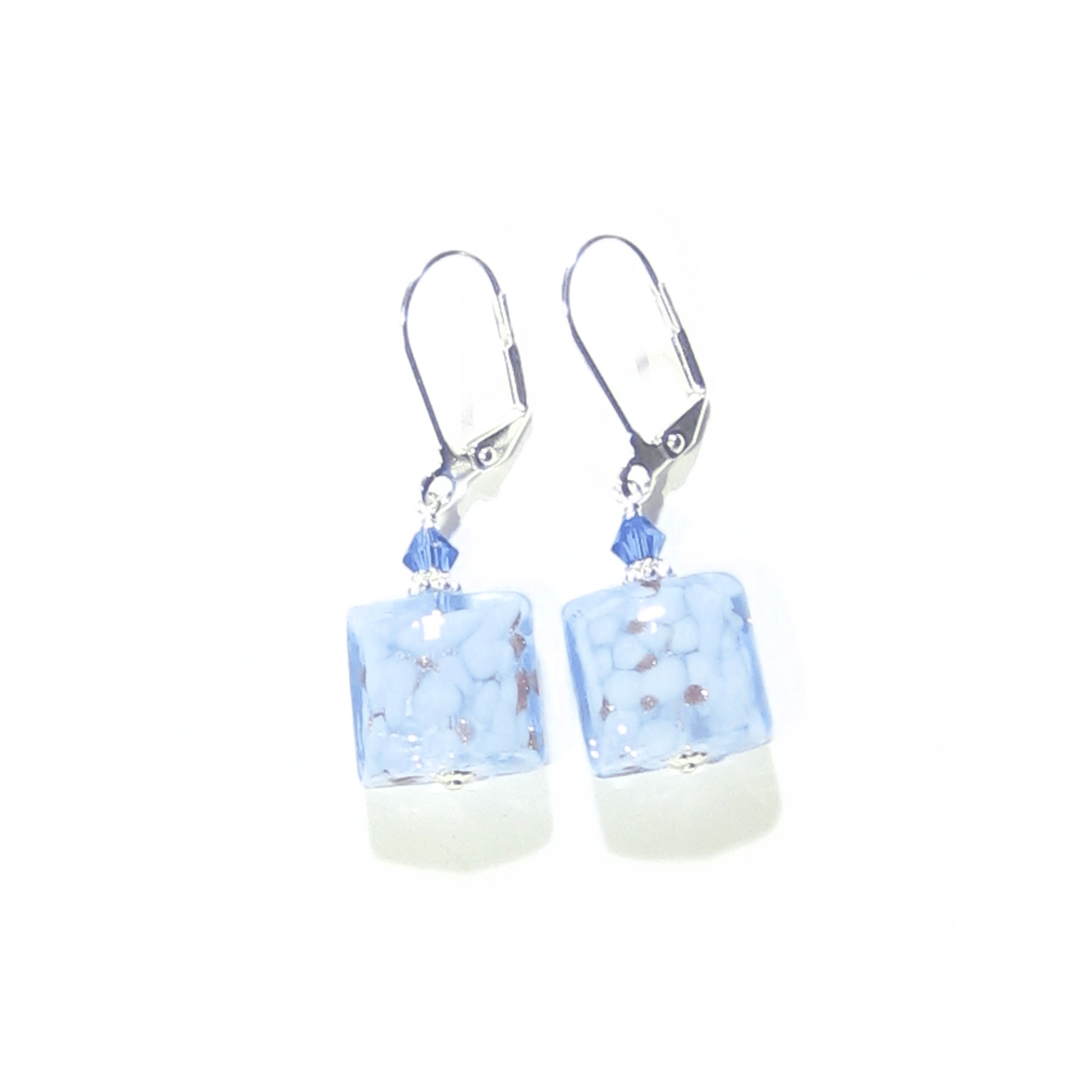 Murano Glass Pale Blue Copper Square Silver Earrings - JKC Murano