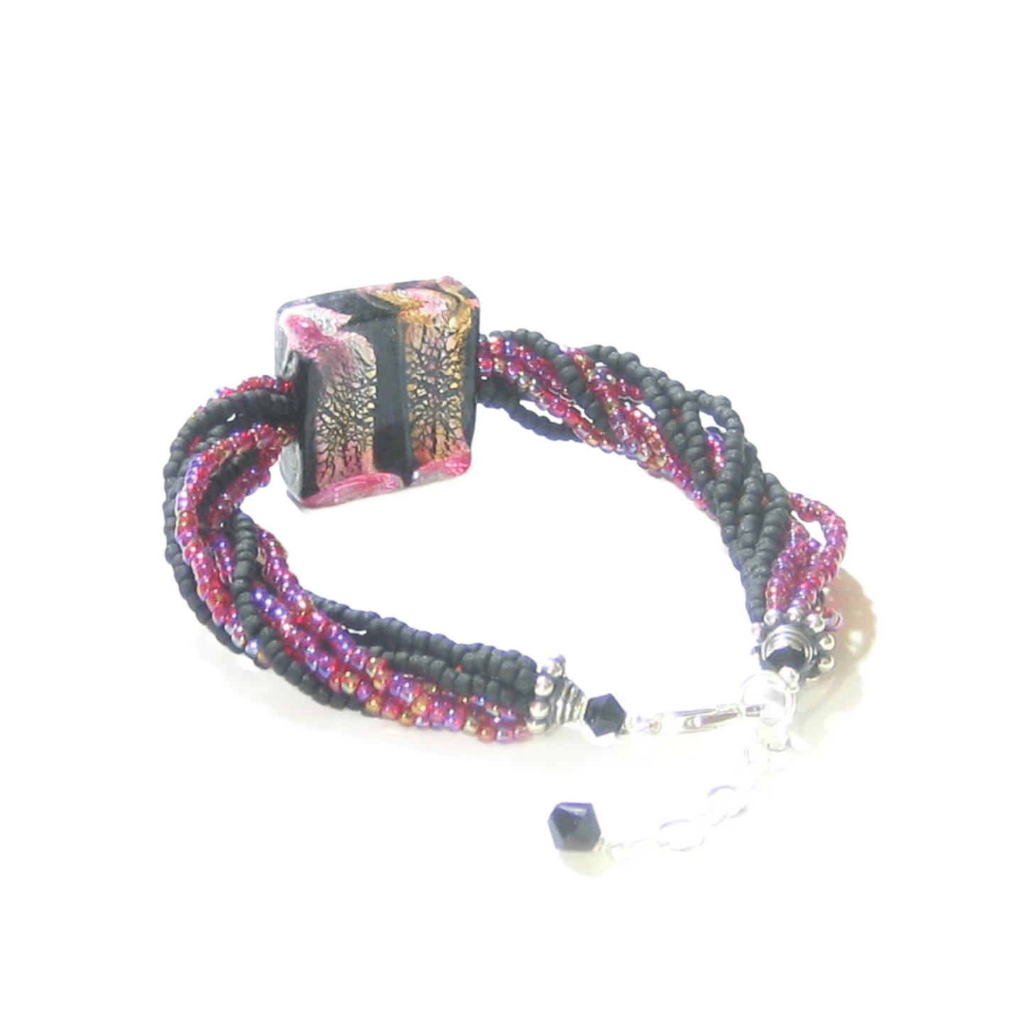 Murano Glass Pink Black Beaded Silver Bracelet - JKC Murano