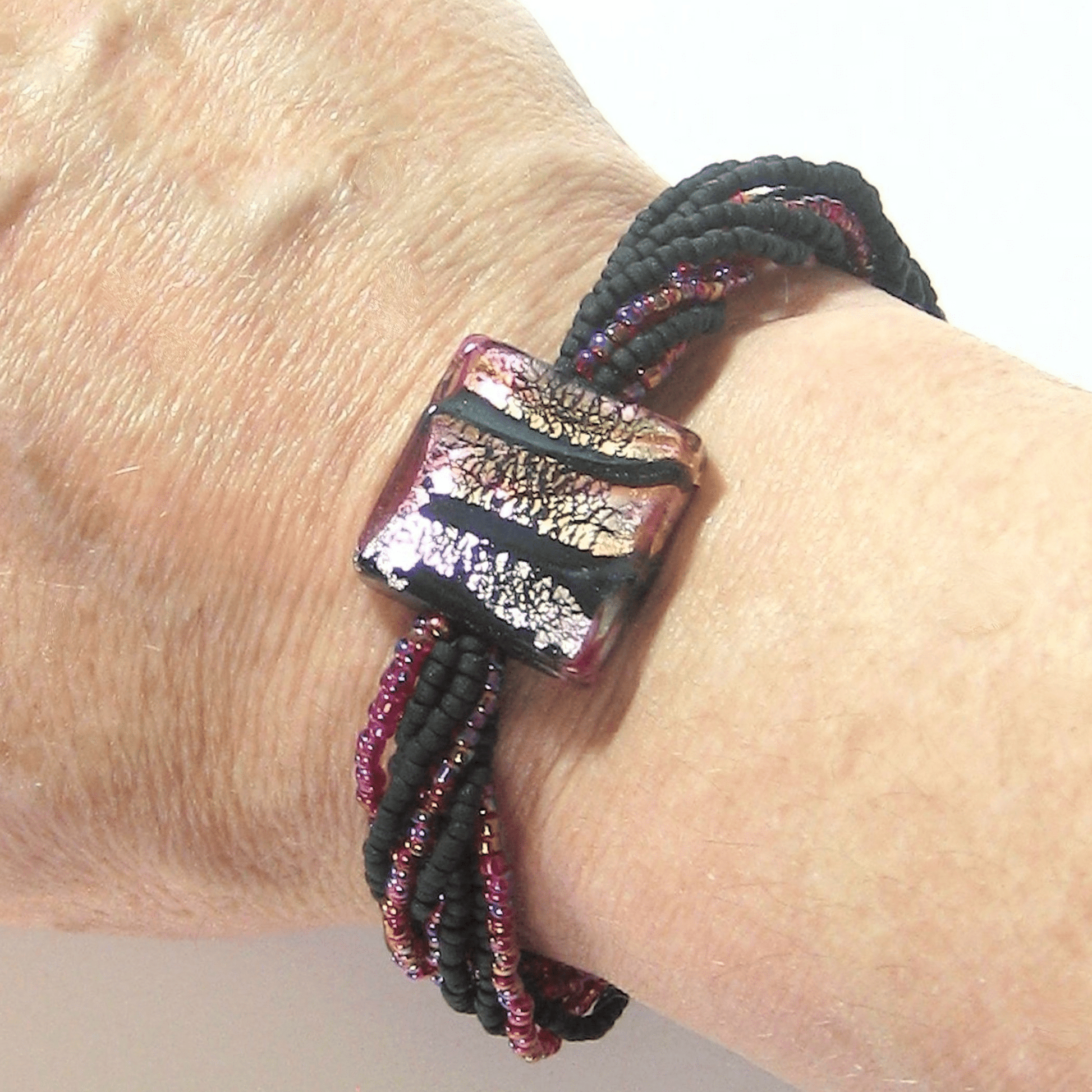 Murano Glass Pink Black Beaded Silver Bracelet - JKC Murano