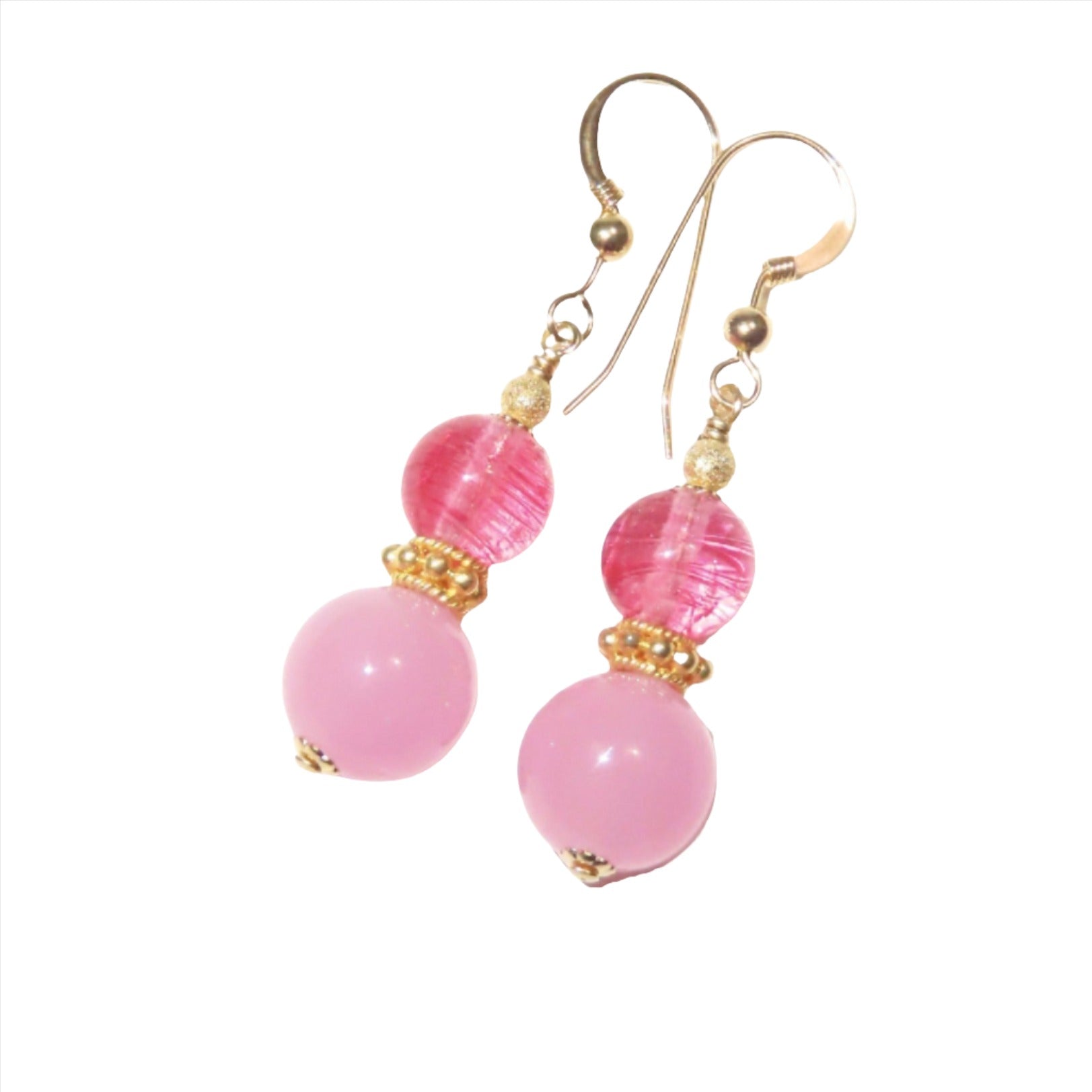 Murano Glass Pink Double Ball Gold Earrings - JKC Murano