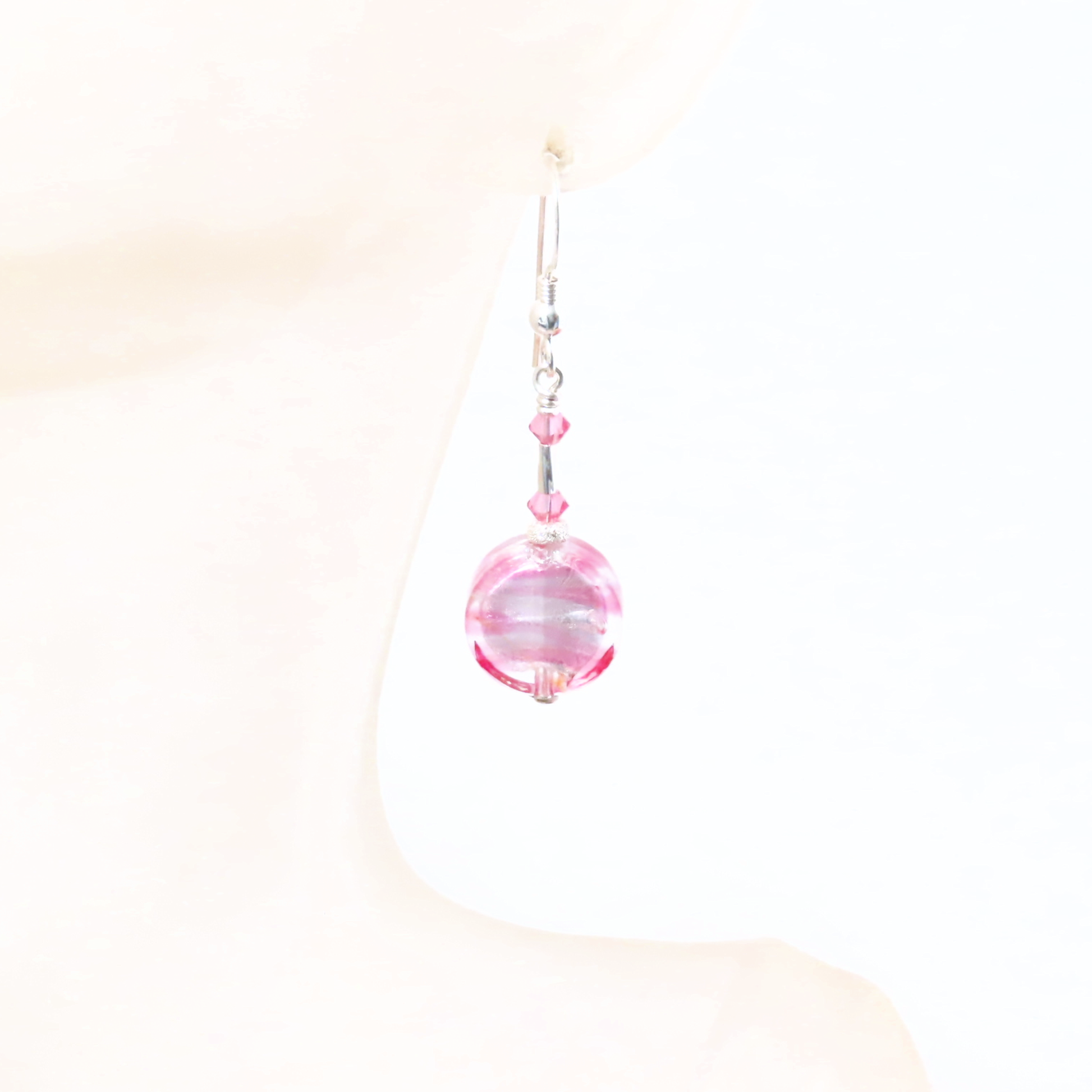 Murano Glass Pink Striped Coin Silver Earrings, Leverback Earrings - JKC Murano