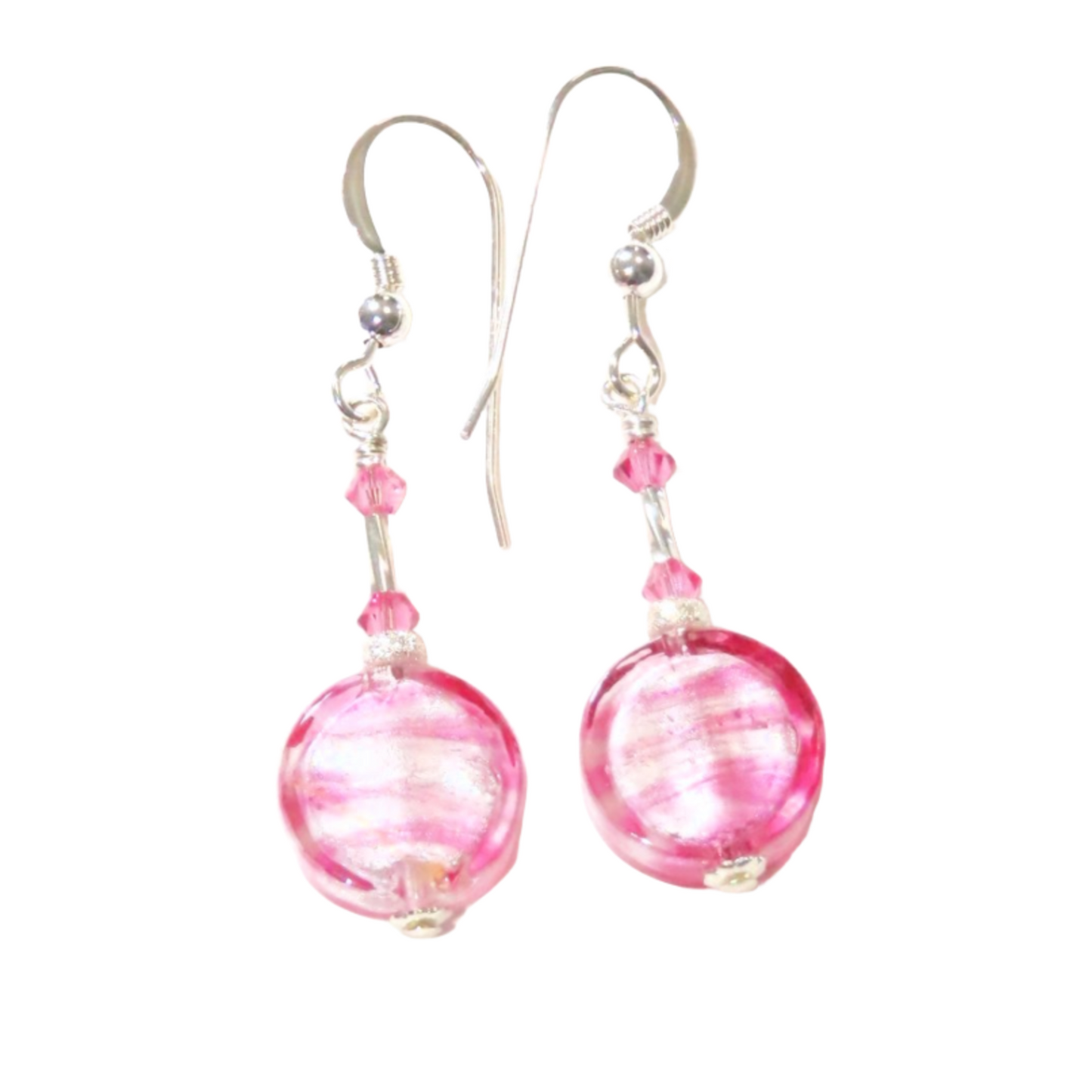 Murano Glass Pink Striped Coin Silver Earrings, Leverback Earrings - JKC Murano