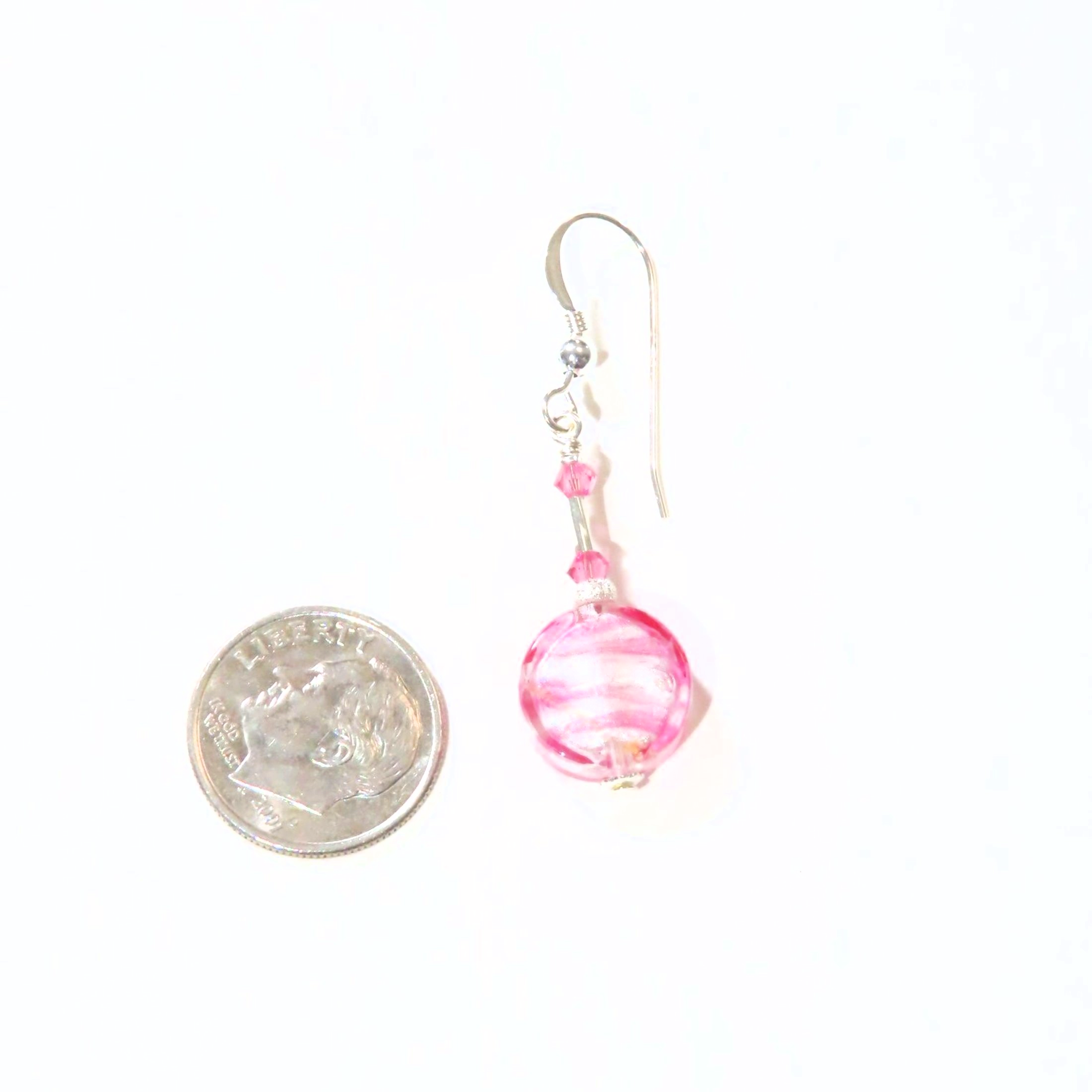 Murano Glass Pink Striped Coin Silver Earrings, Leverback Earrings - JKC Murano