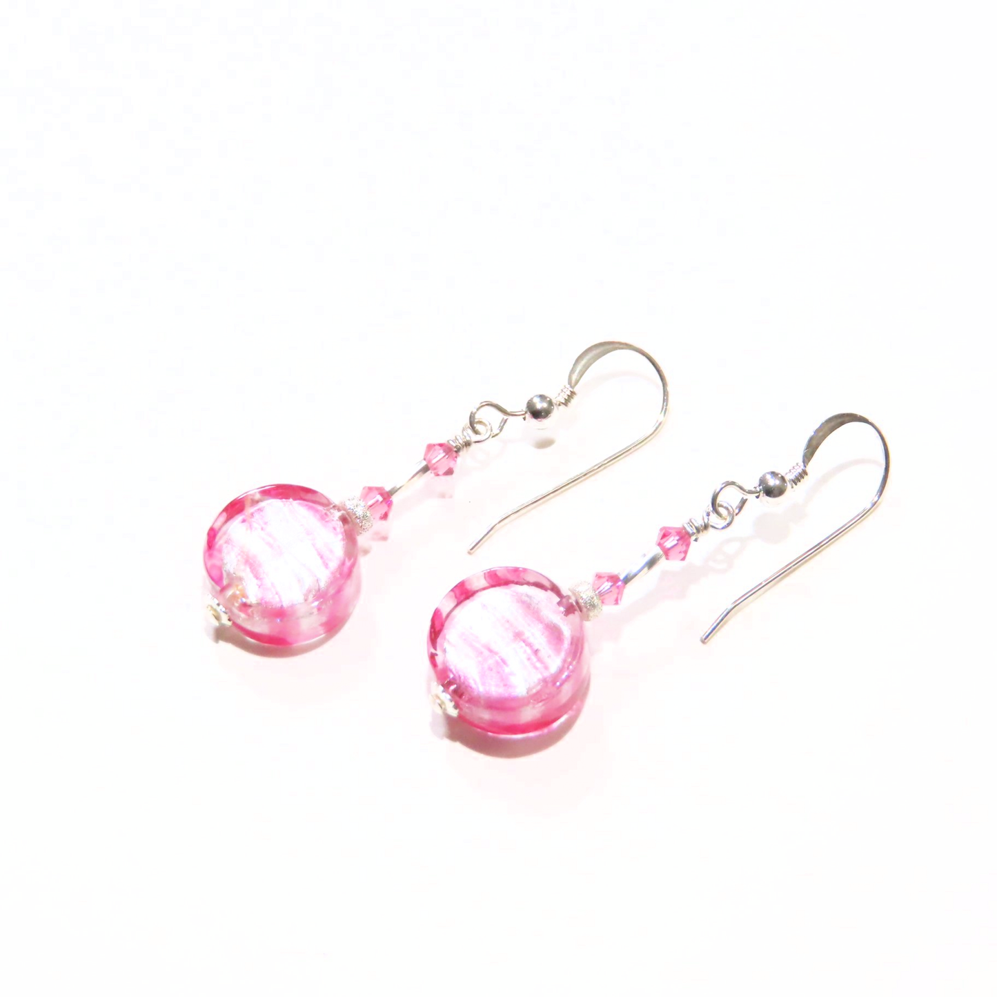 Murano Glass Pink Striped Coin Silver Earrings, Leverback Earrings - JKC Murano