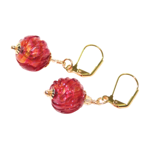 Murano Glass Ruby Pink Glacier Ball Gold Earrings