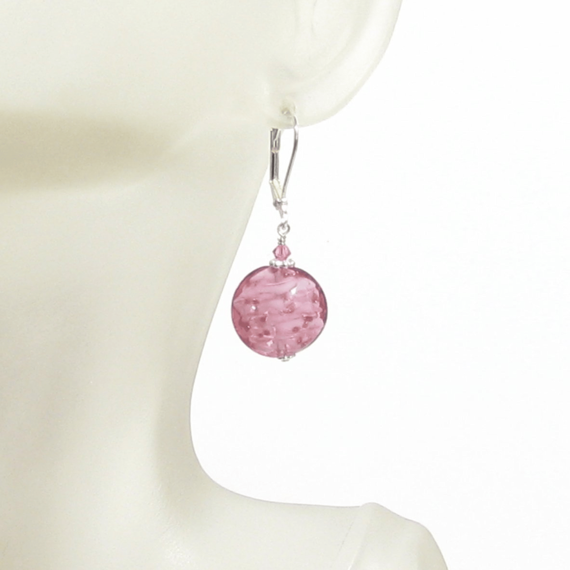 Venetian Glass Pink Cloud Disc Silver Earrings by JKC Murano - JKC Murano