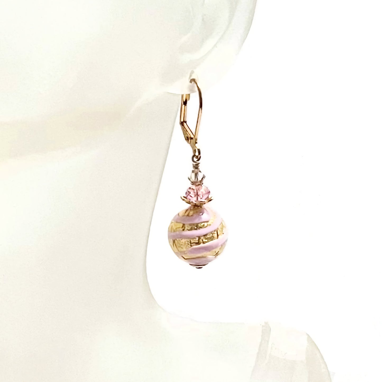 Murano Glass Pale Pink Striped Ball Gold Earrings