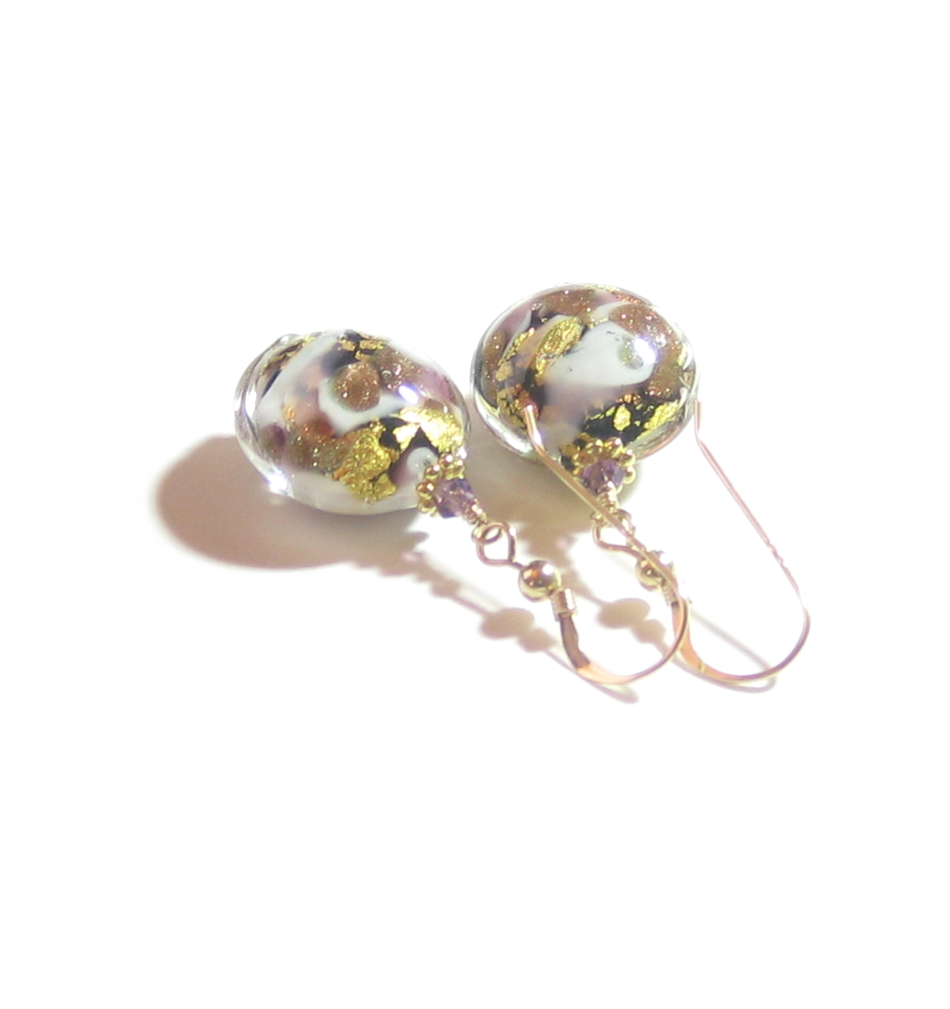 Murano Glass Amethyst Black Disc Gold Earrings, Fishhook Earrings - JKC Murano