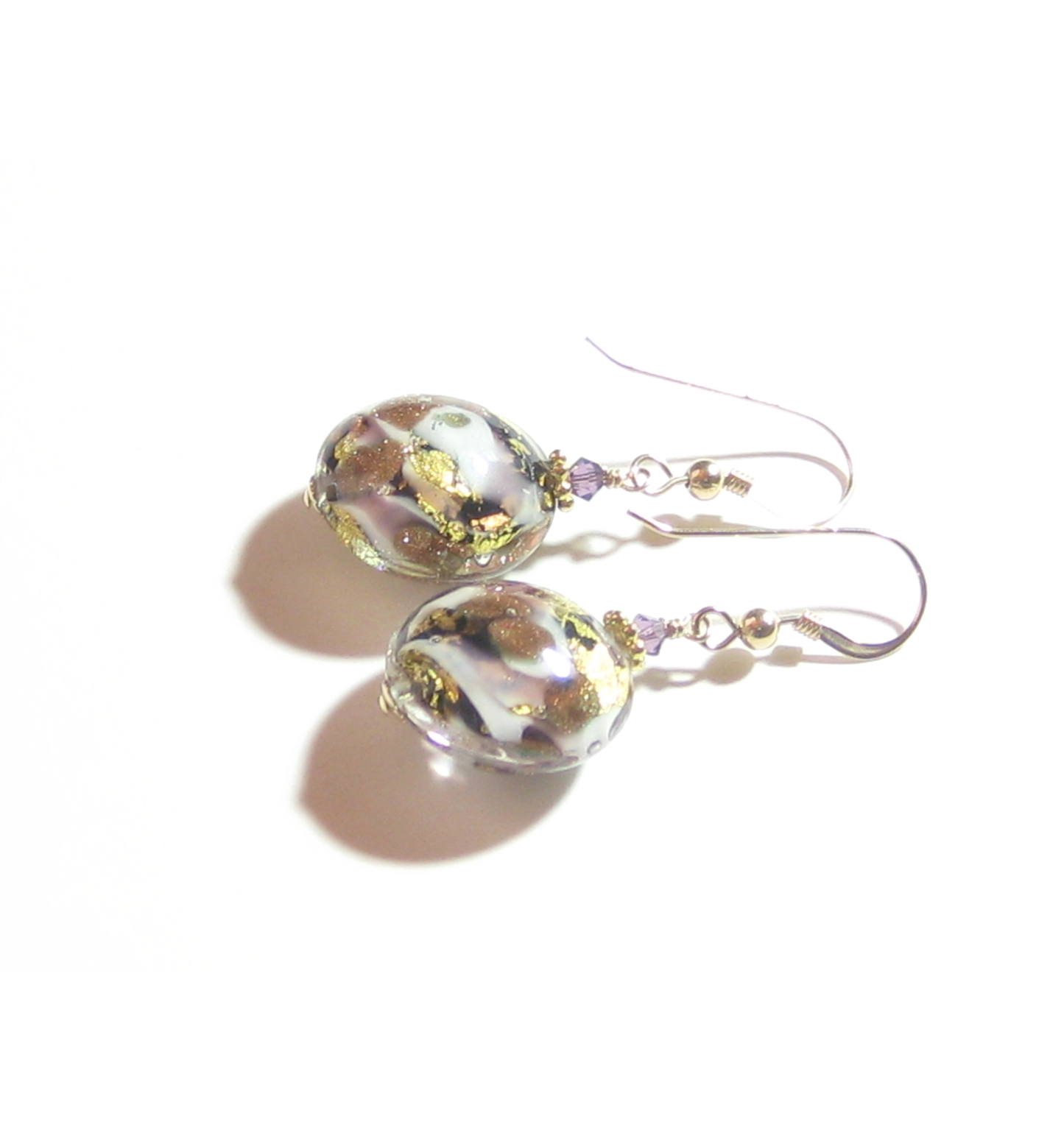 Murano Glass Amethyst Black Disc Gold Earrings, Fishhook Earrings - JKC Murano