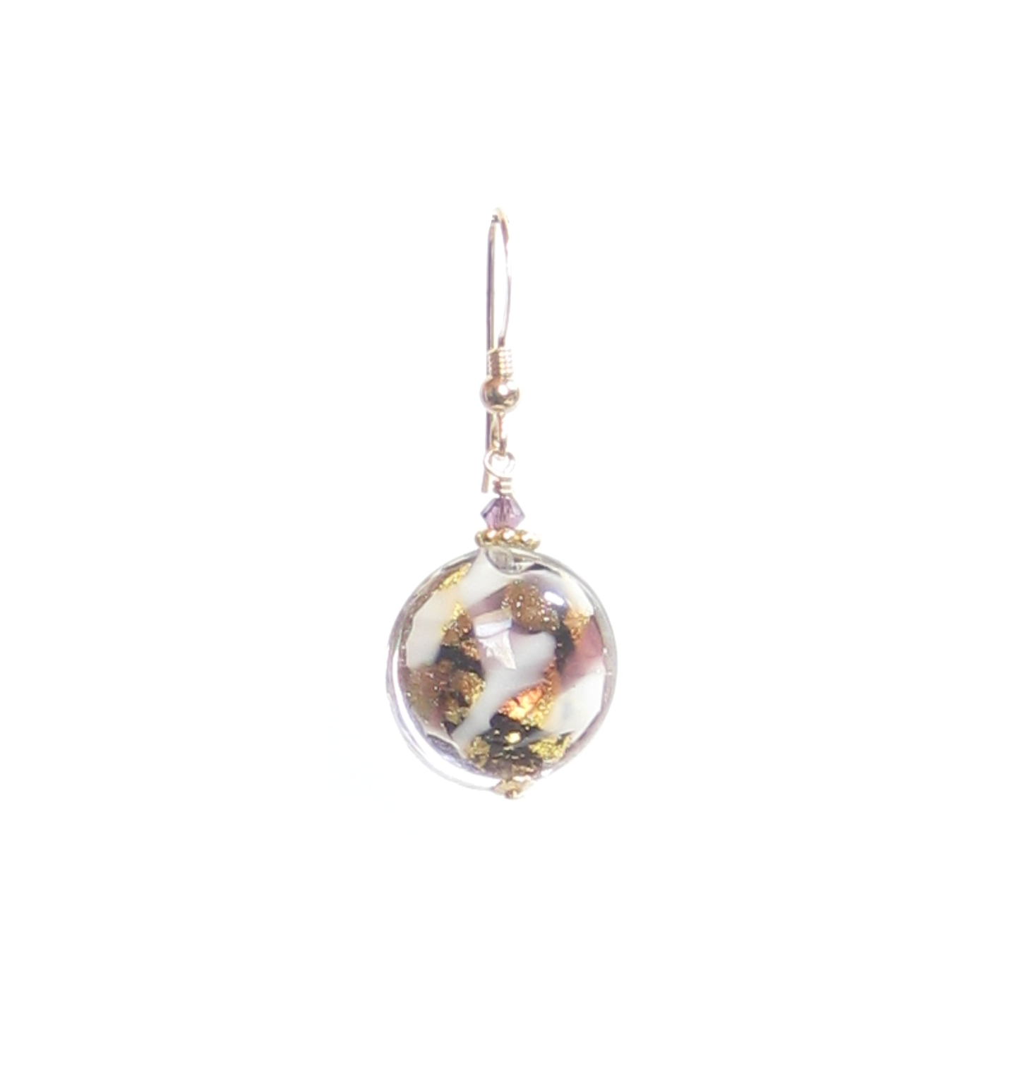 Murano Glass Amethyst Black Disc Gold Earrings, Fishhook Earrings - JKC Murano