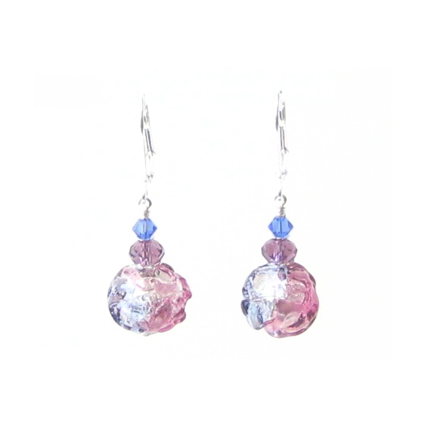 Murano Glass Pink Blue Purple Glacier Ball Sterling Silver Earrings - JKC Murano