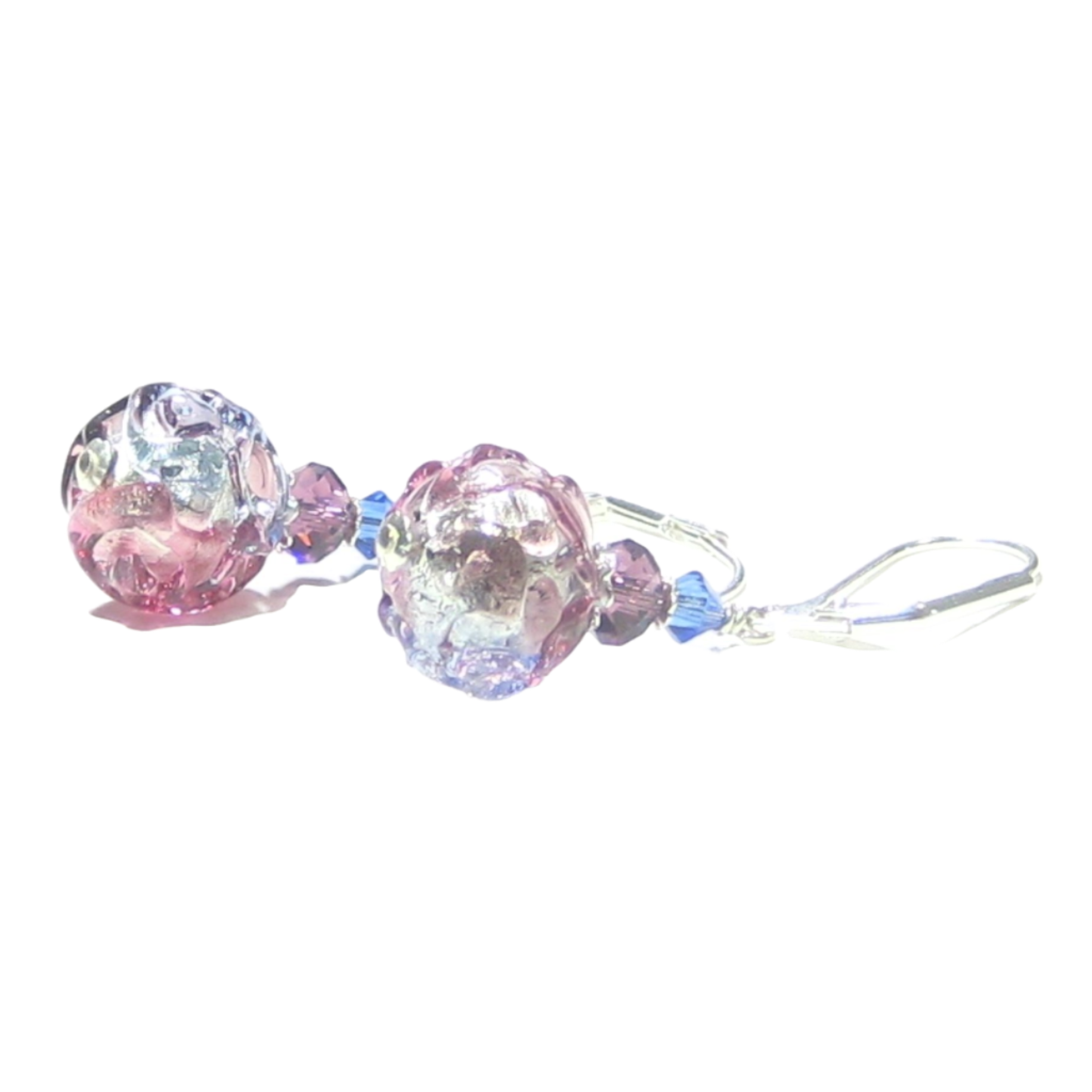 Murano Glass Pink Blue Purple Glacier Ball Sterling Silver Earrings - JKC Murano