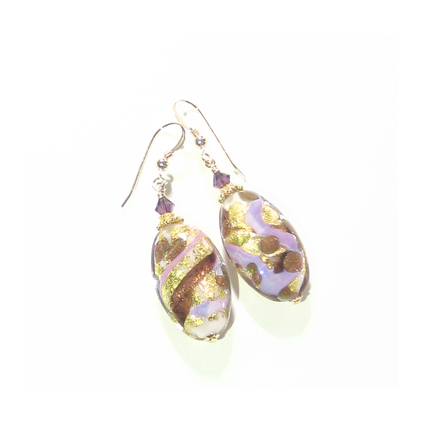 Murano Glass Purple Gold Copper Oval Dangle Gold Earrings - JKC Murano