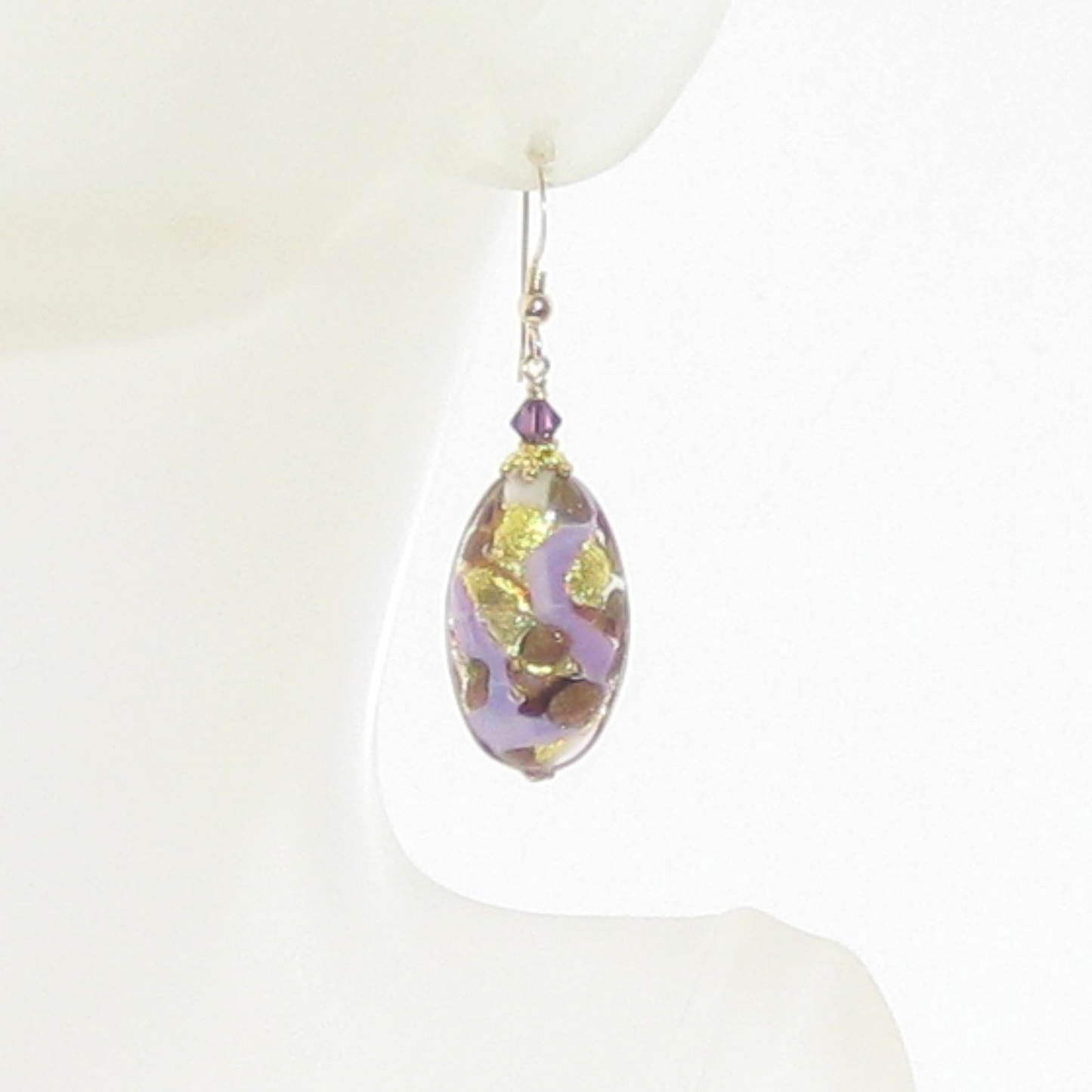 Murano Glass Purple Gold Copper Oval Dangle Gold Earrings - JKC Murano