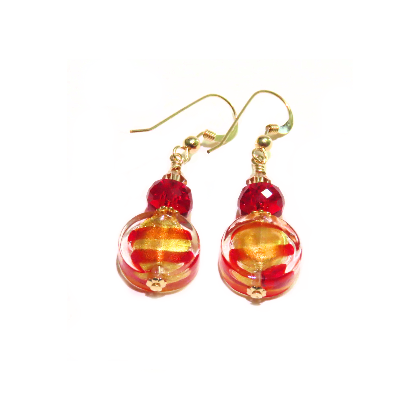 Murano Glass Cherry Red Striped Coin Gold Earrings