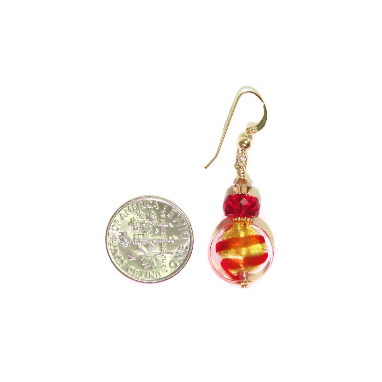 Murano Glass Cherry Red Striped Coin Gold Earrings