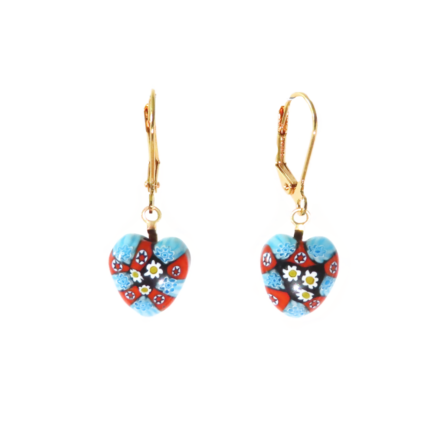 Murano Glass Millefiori Turquoise Red Heart Gold Earrings