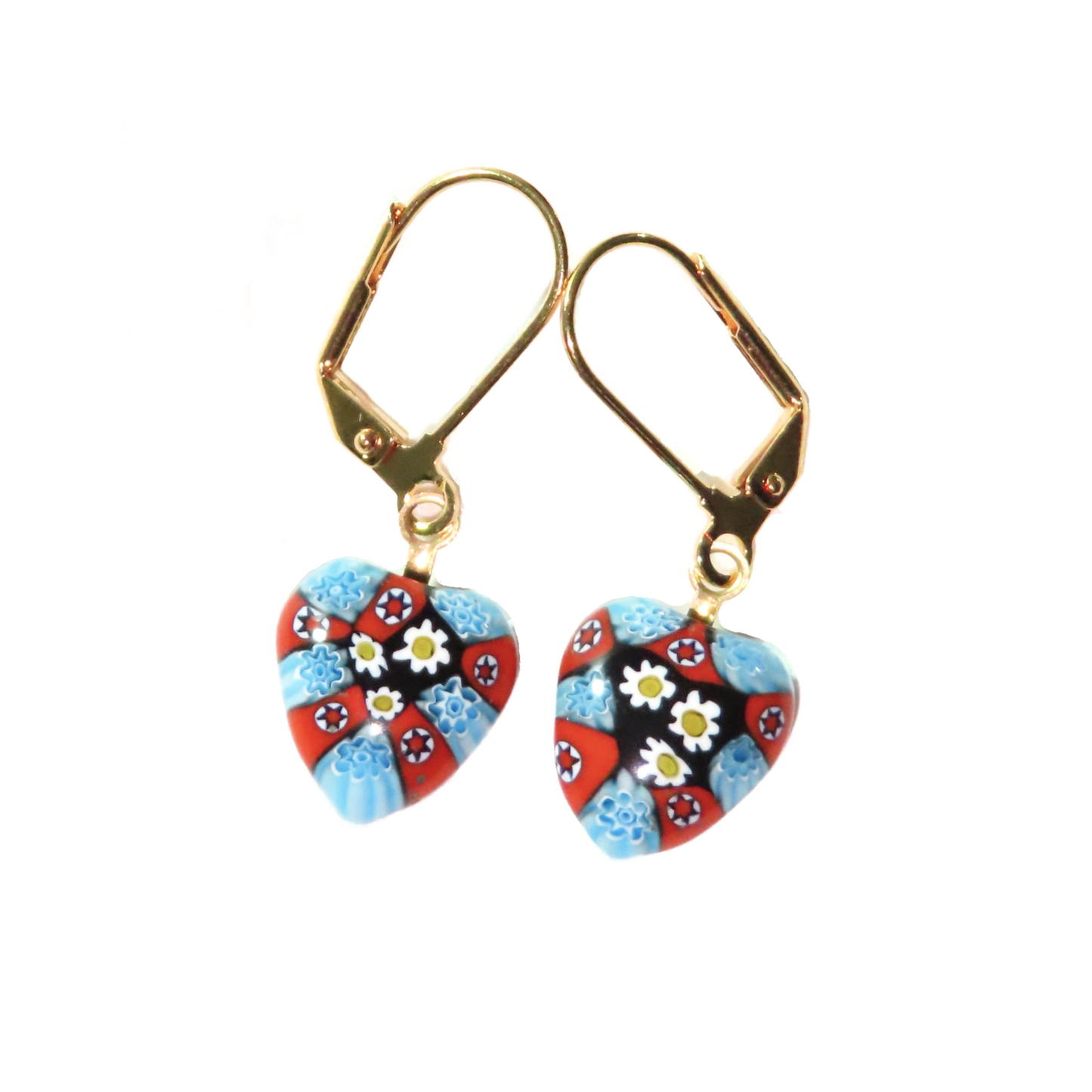 Murano Glass Millefiori Turquoise Red Heart Gold Earrings