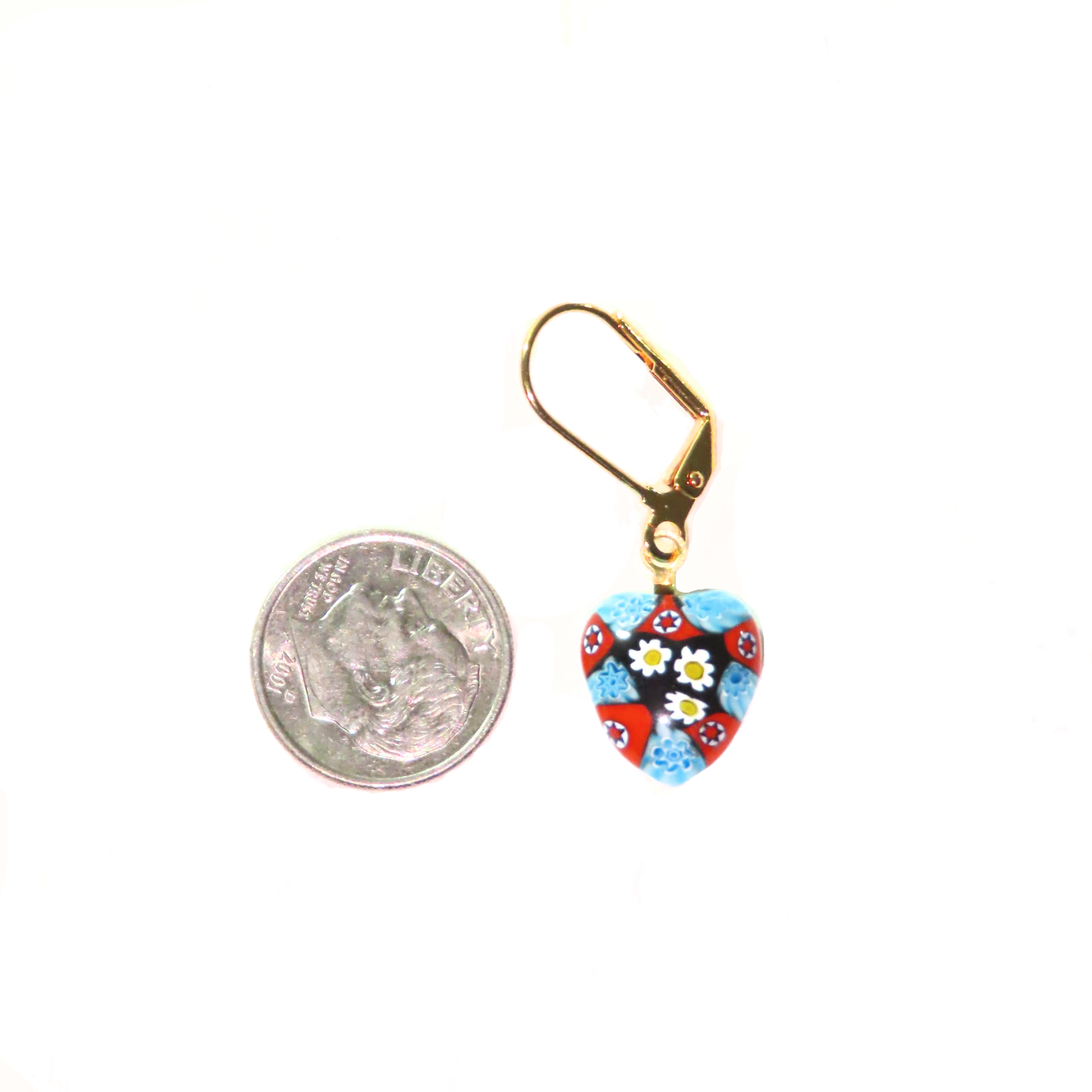 Murano Glass Millefiori Turquoise Red Heart Gold Earrings