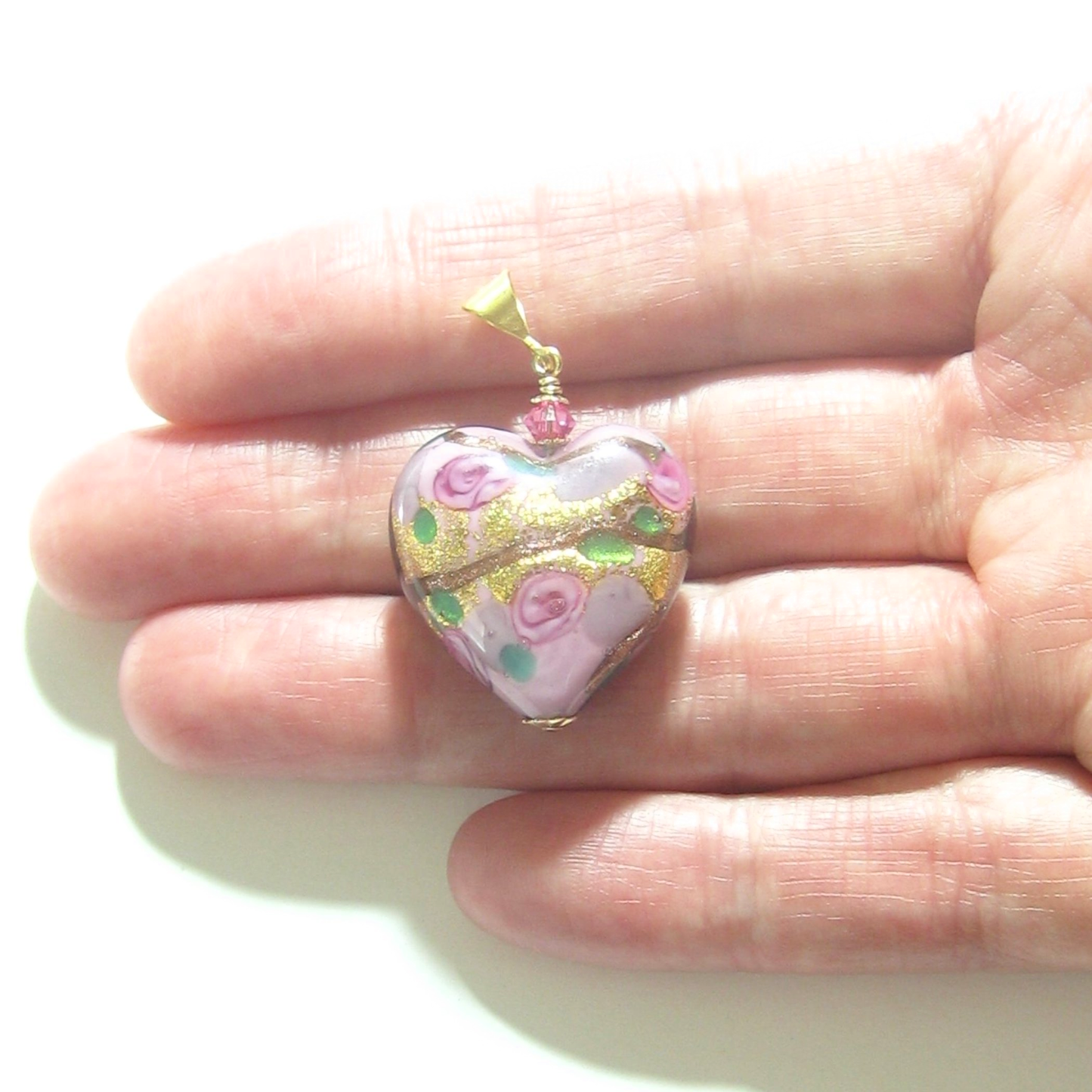 Murano Glass Pink Lilac Rose Heart Gold Pendant By JKC Murano - JKC Murano