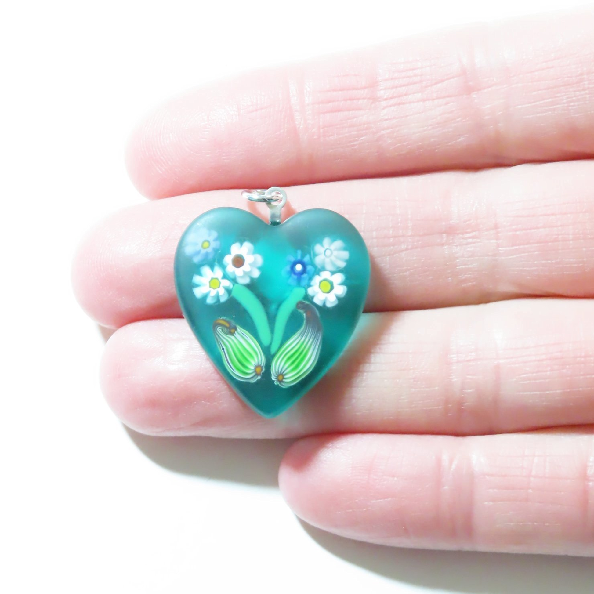 Murano Glass Sea Green Millefiori Heart Pendant - JKC Murano