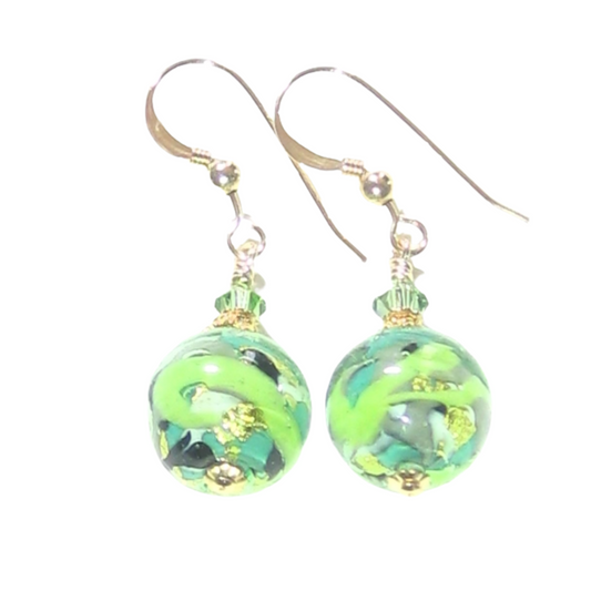 Murano Glass Green Black Gray Abstract Ball Gold Earrings