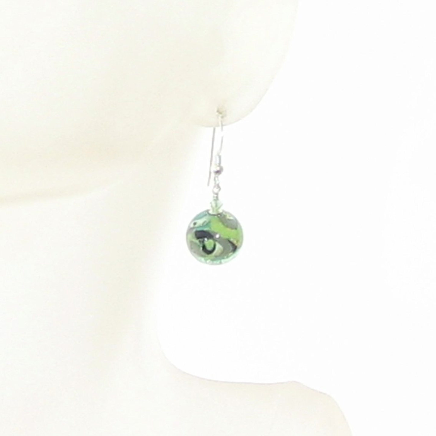 Murano Glass Green Black Gray Abstract Ball Silver Earrings - JKC Murano