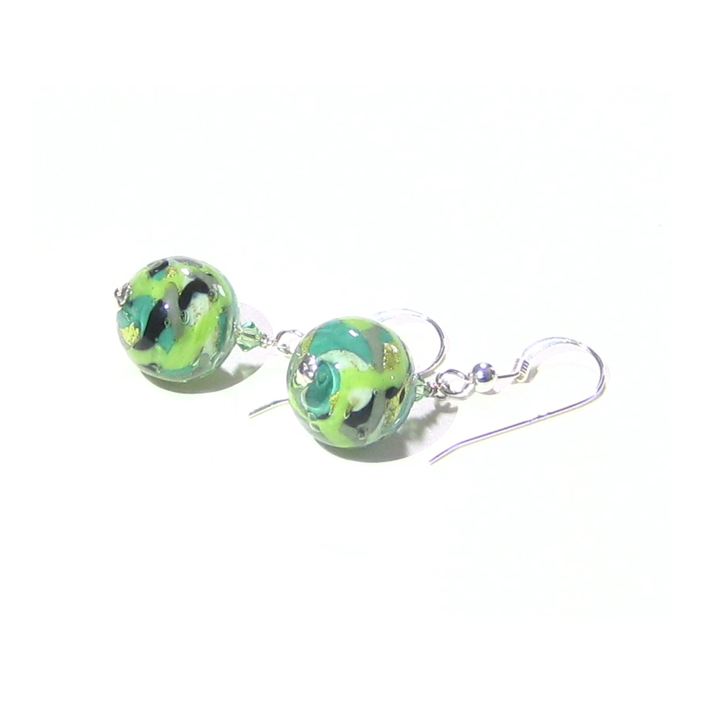 Murano Glass Green Black Gray Abstract Ball Silver Earrings - JKC Murano