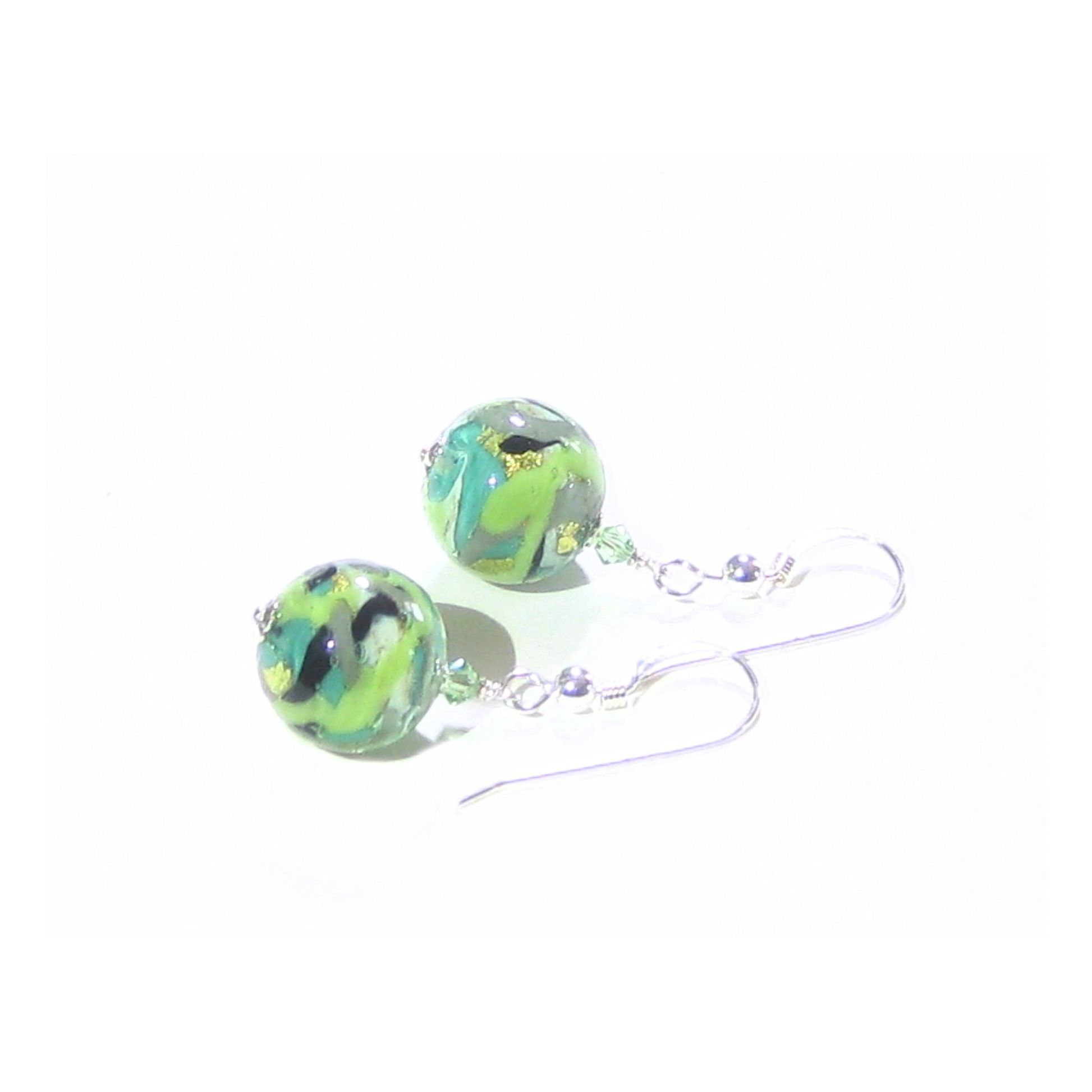 Murano Glass Green Black Gray Abstract Ball Silver Earrings - JKC Murano