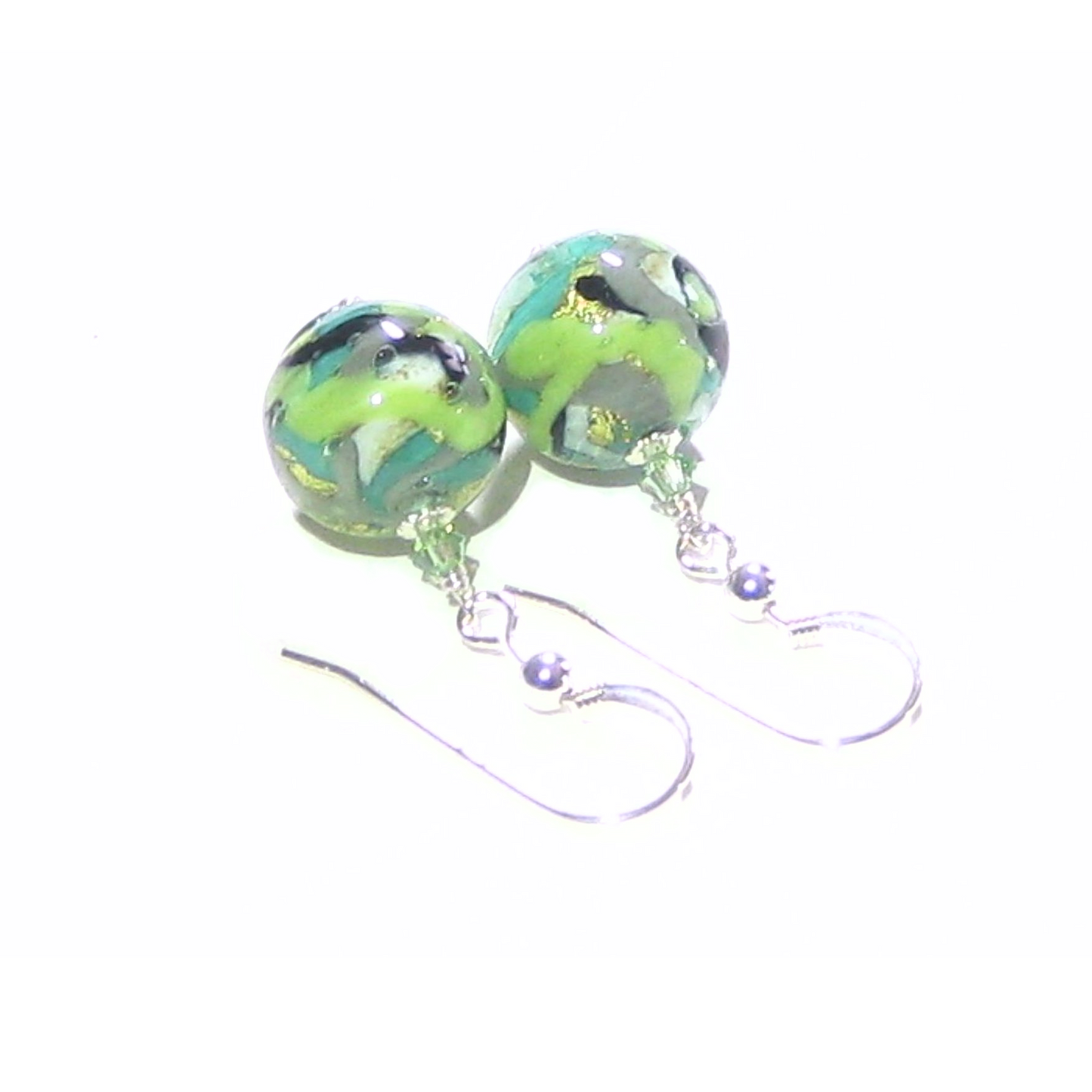 Murano Glass Green Black Gray Abstract Ball Silver Earrings - JKC Murano