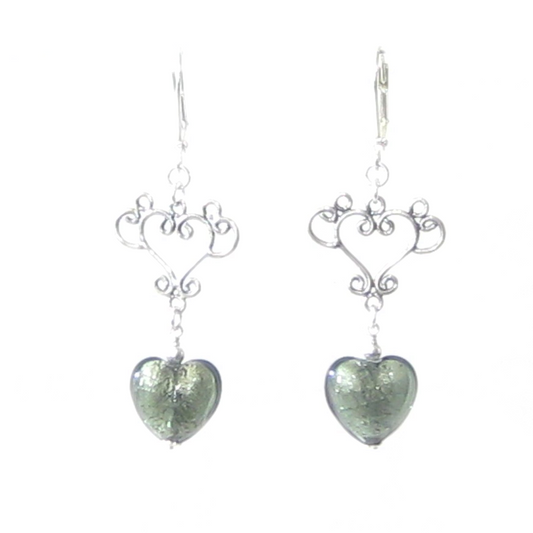 Murano Glass Gray Heart Long Dangle Silver Earrings - JKC Murano