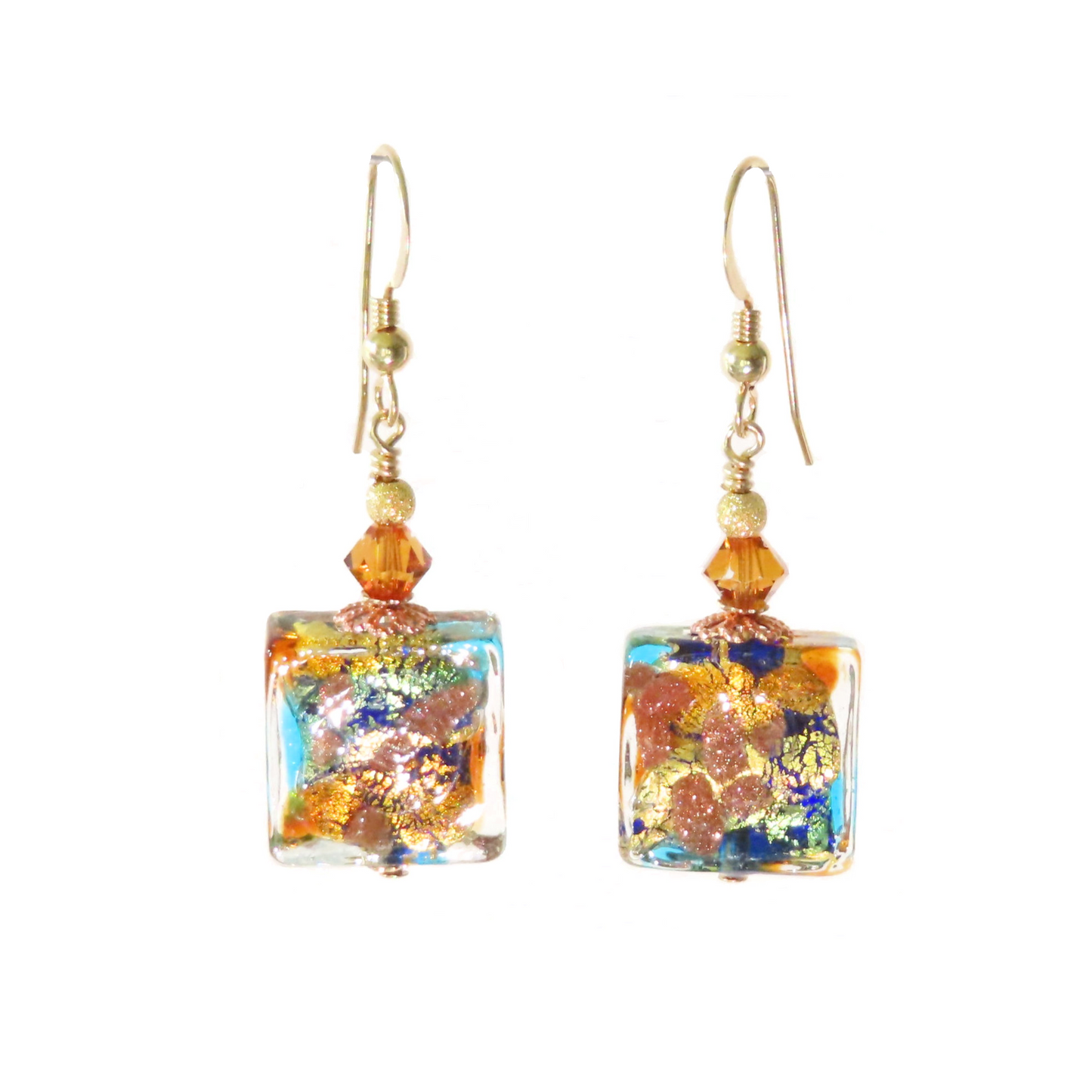 Murano Glass Topaz Green Copper Square Gold Earrings