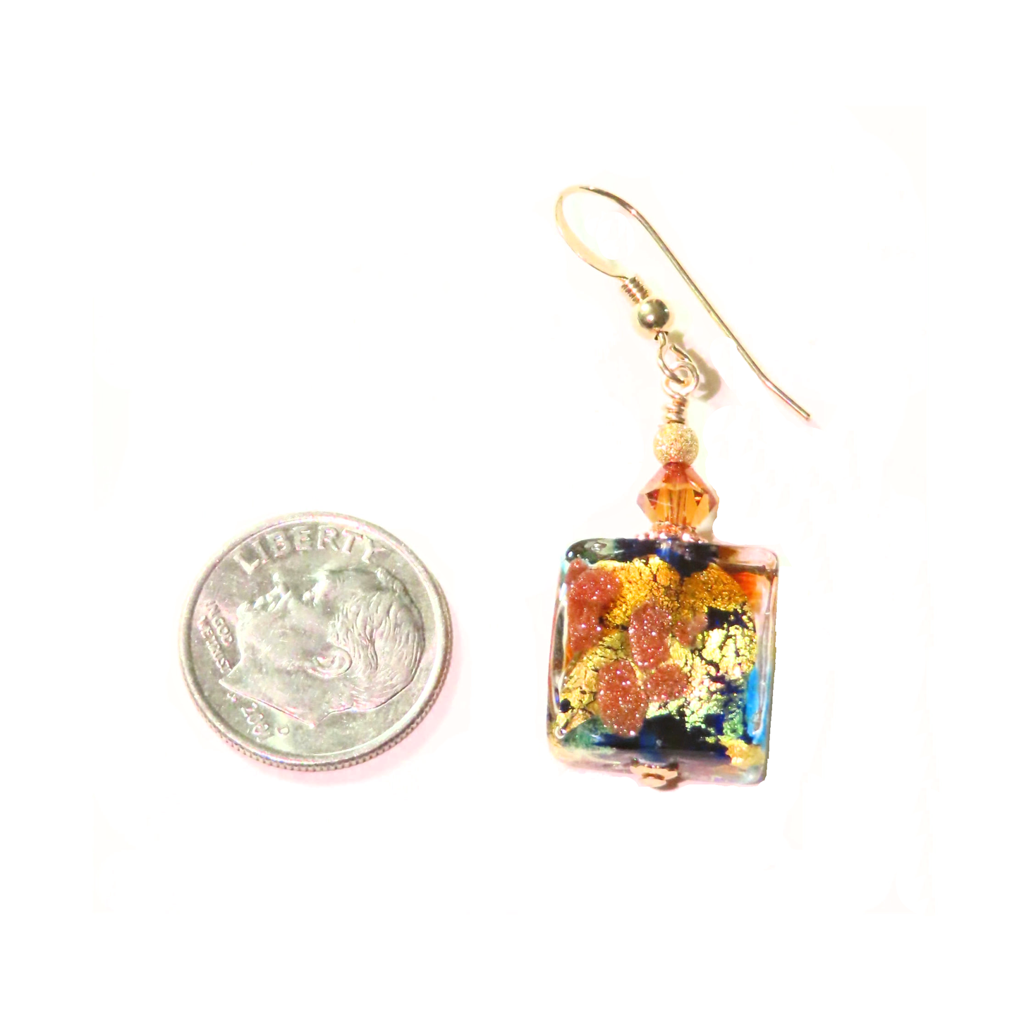 Murano Glass Topaz Green Copper Square Gold Earrings