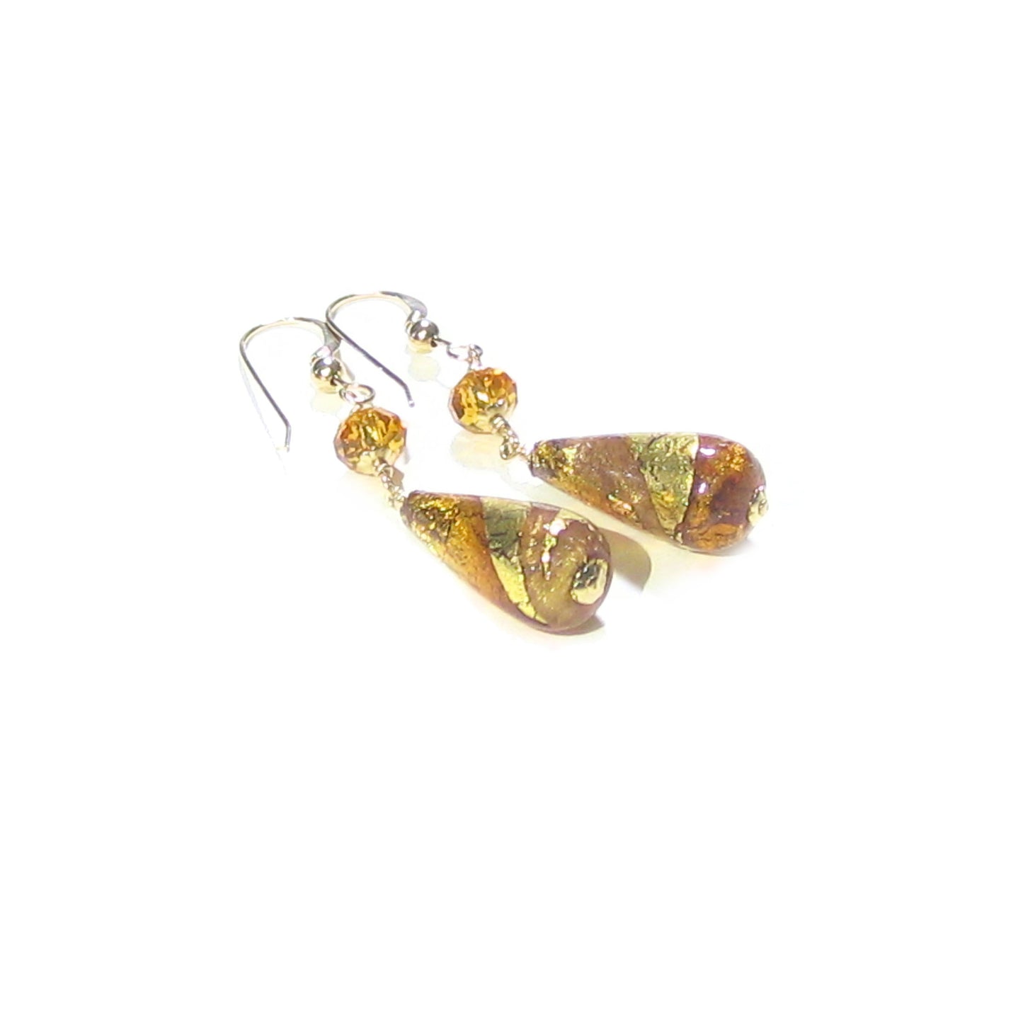 Murano Glass Topaz Swirl Teardrop Gold Earrings