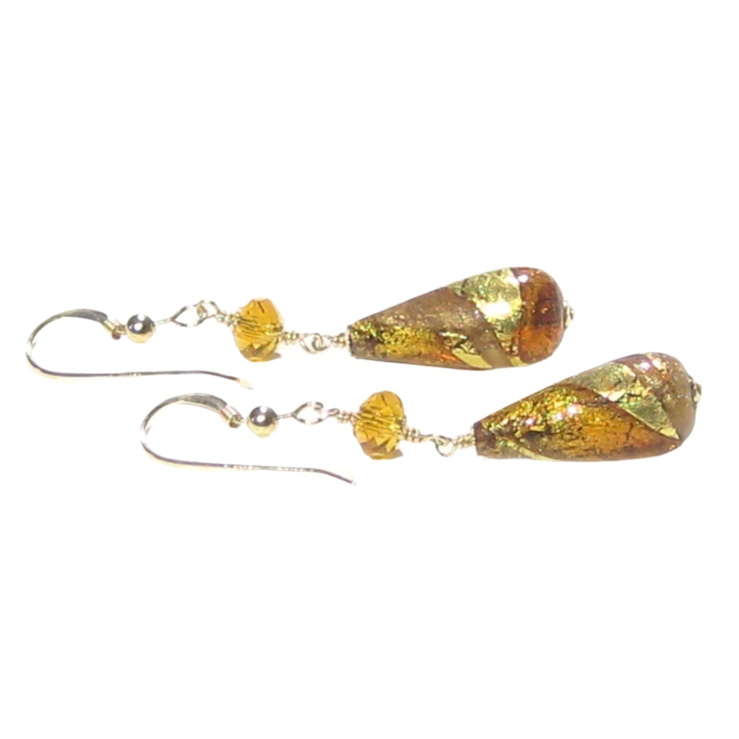 Murano Glass Topaz Swirl Teardrop Gold Earrings