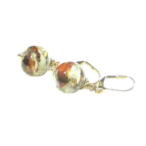 Murano Glass Red White Brown Gold Earrings G. Plated Clip Ons