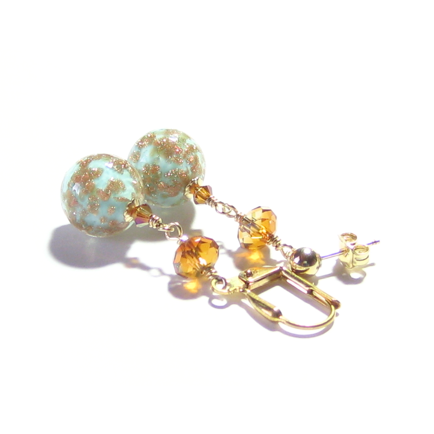 Murano Glass Turquoise Ball Gold Earrings, Venetian Jewelry - JKC Murano