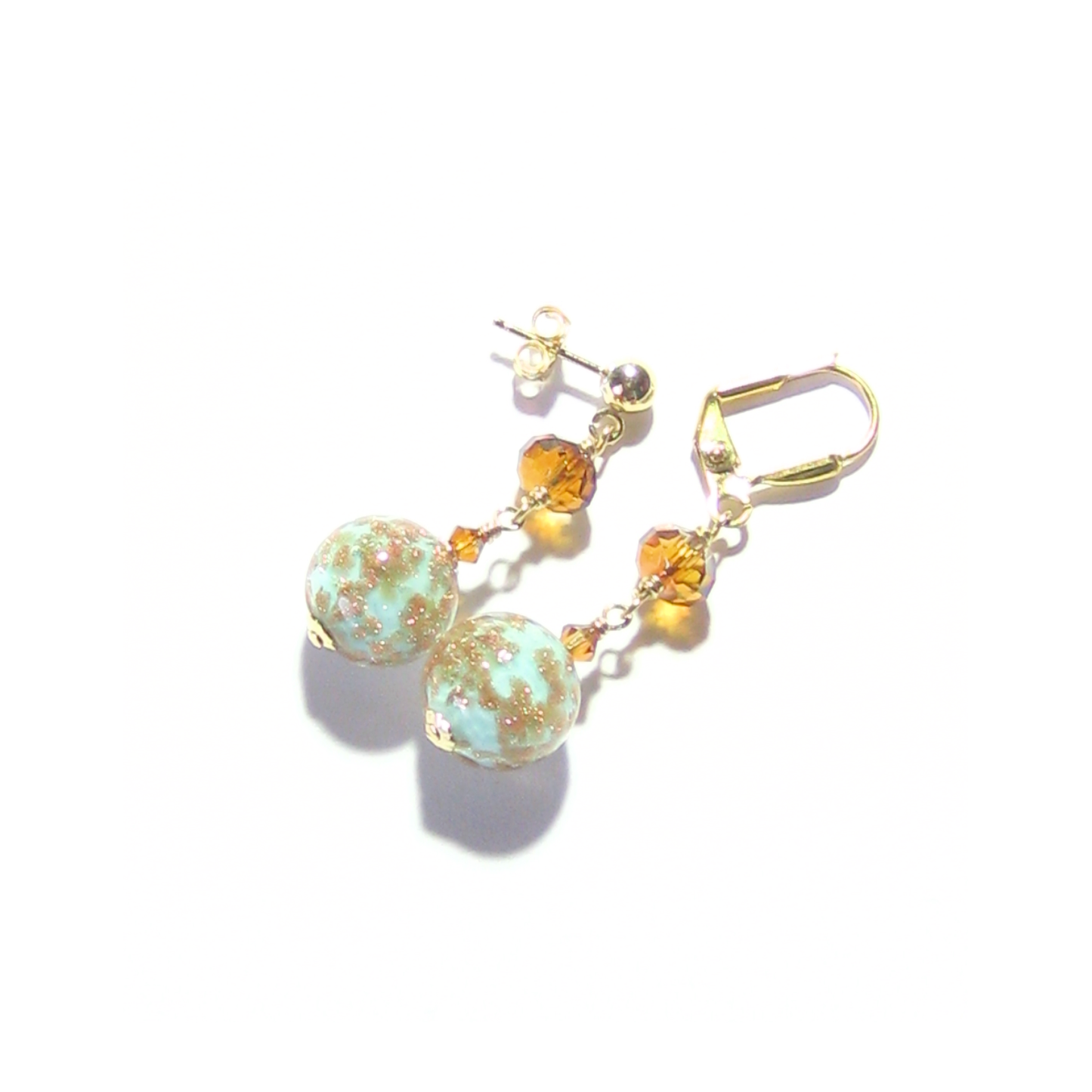 Murano Glass Turquoise Ball Gold Earrings, Venetian Jewelry - JKC Murano