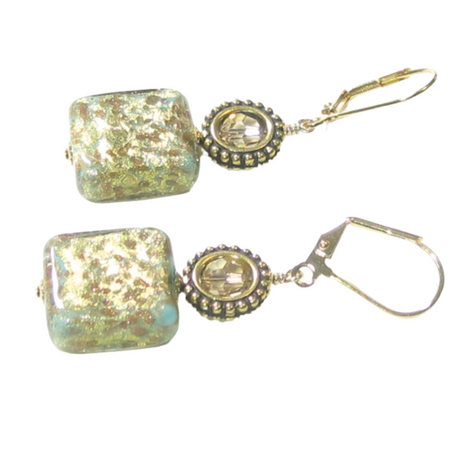 Murano Glass Turquoise Copper Square Gold Earrings by JKC Murano - JKC Murano