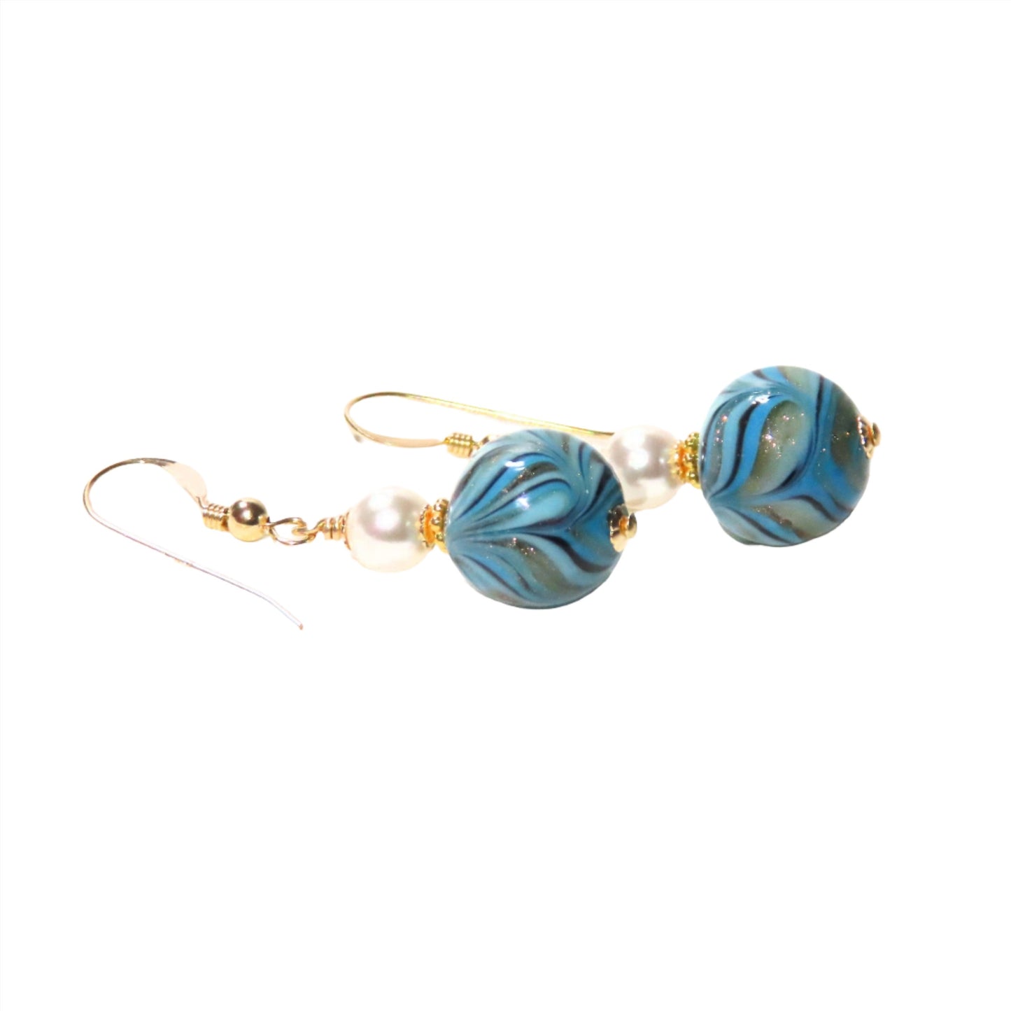 Murano Glass Turquoise Feather Ball Gold Earrings